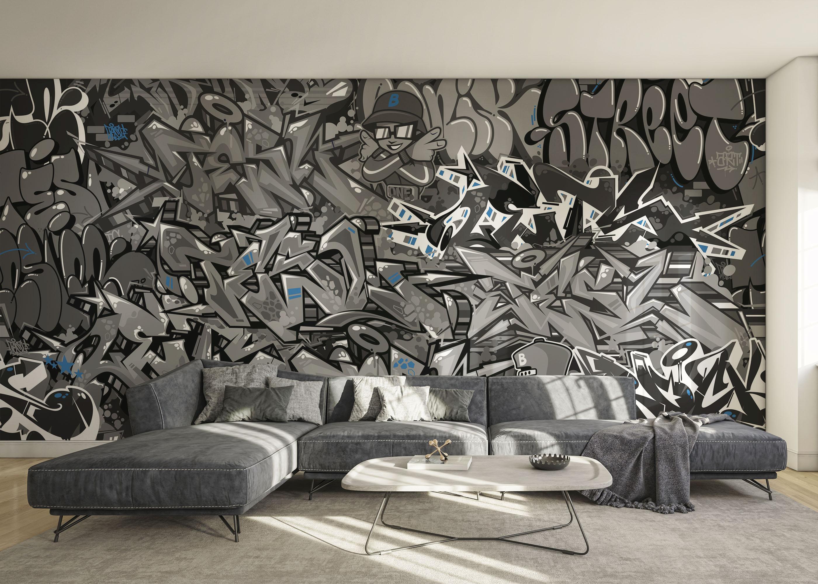 Fototapete Graffiti Grey Blue mockup 0