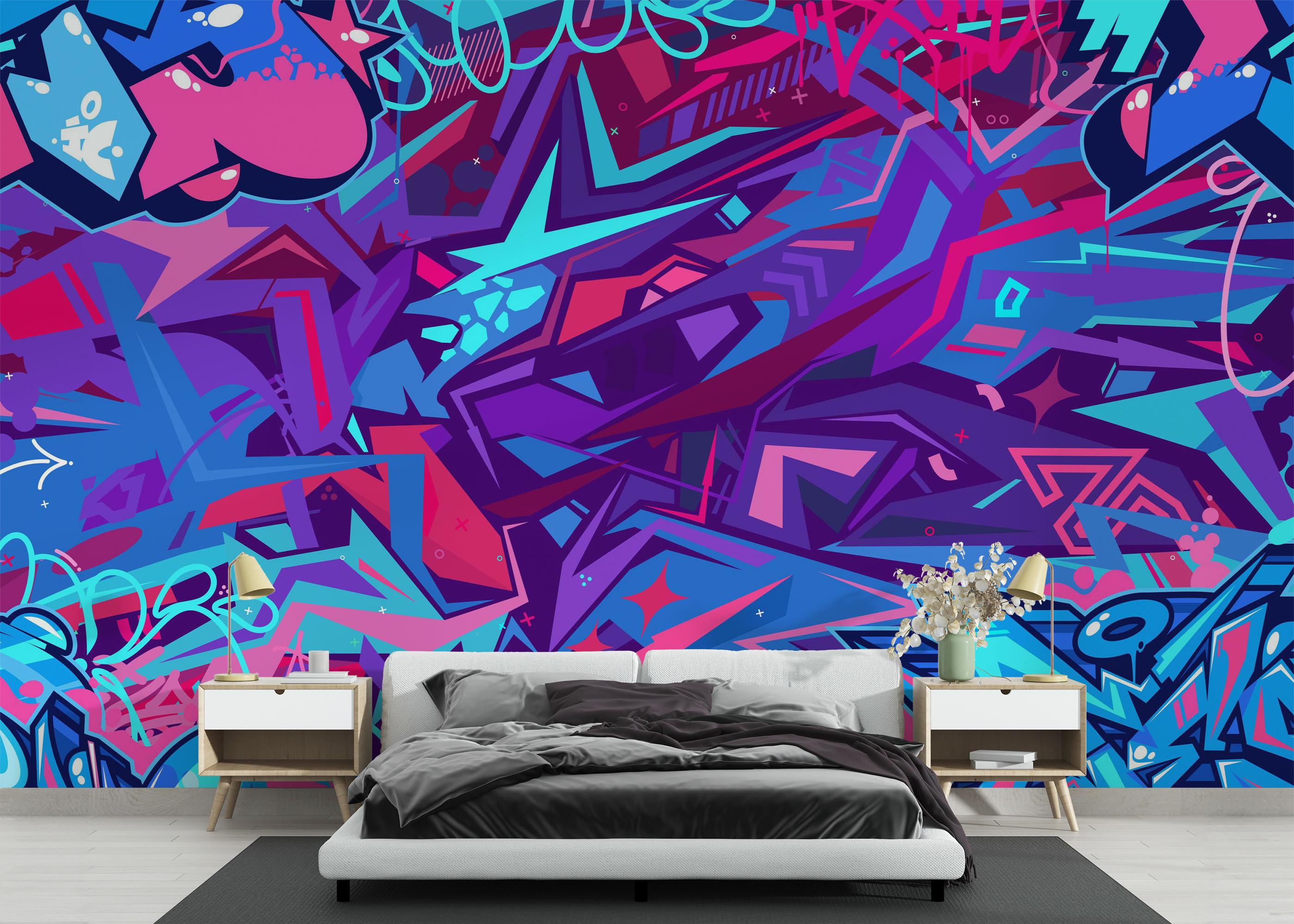 Fototapete Graffiti Blue Purple mockup 3