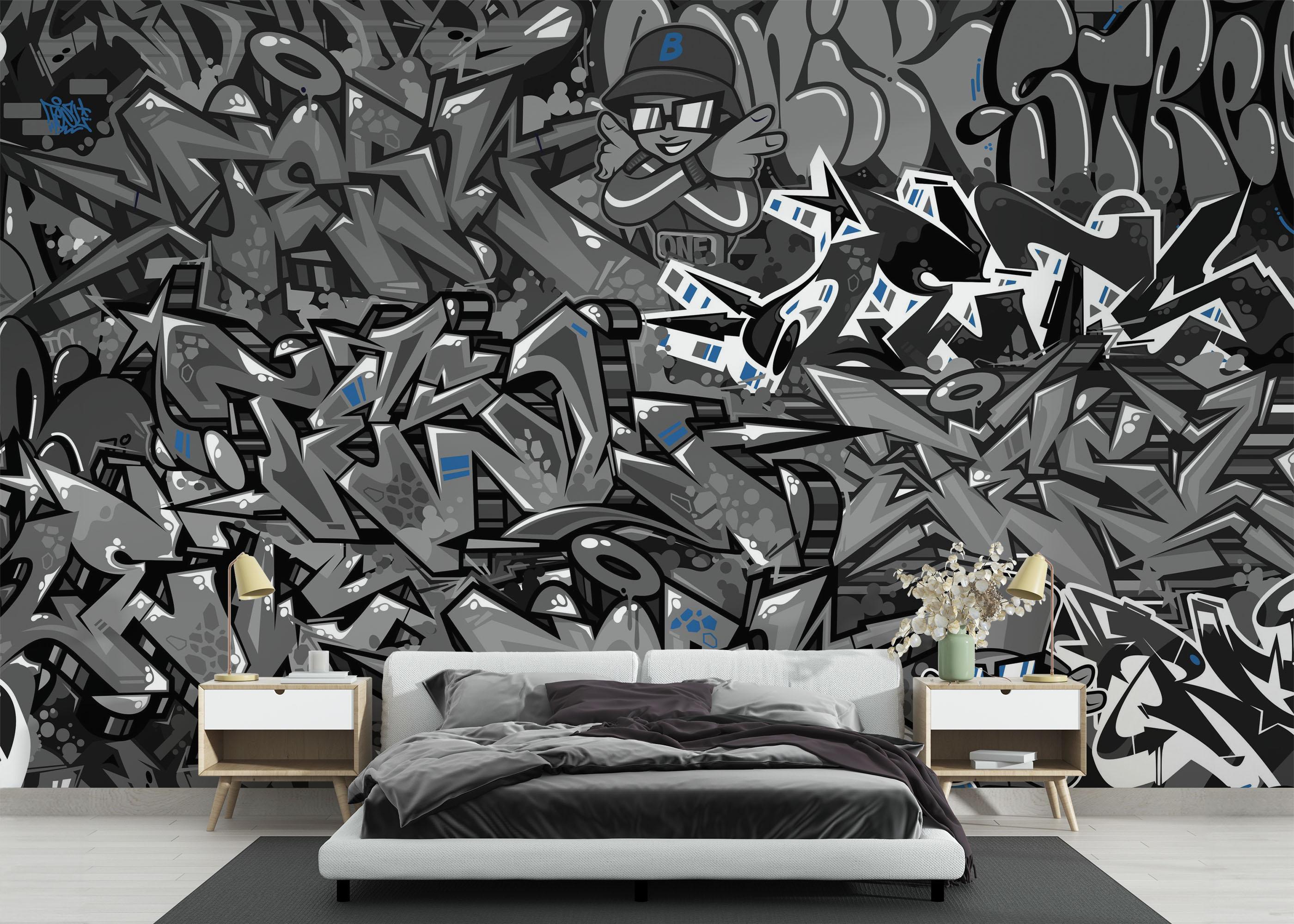 Fototapete Graffiti Grey Blue mockup 3
