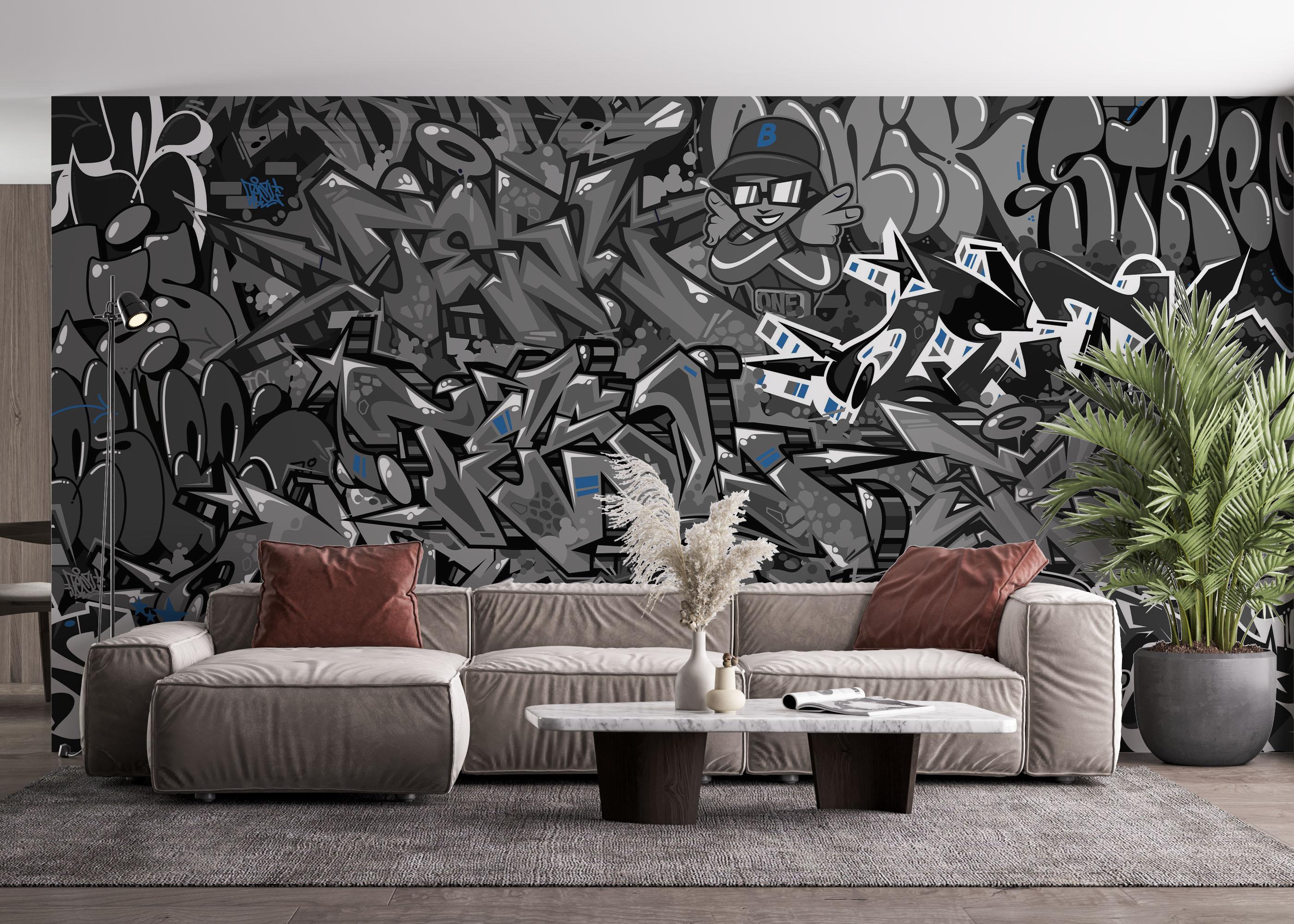 Fototapete Graffiti Grey Blue mockup 4