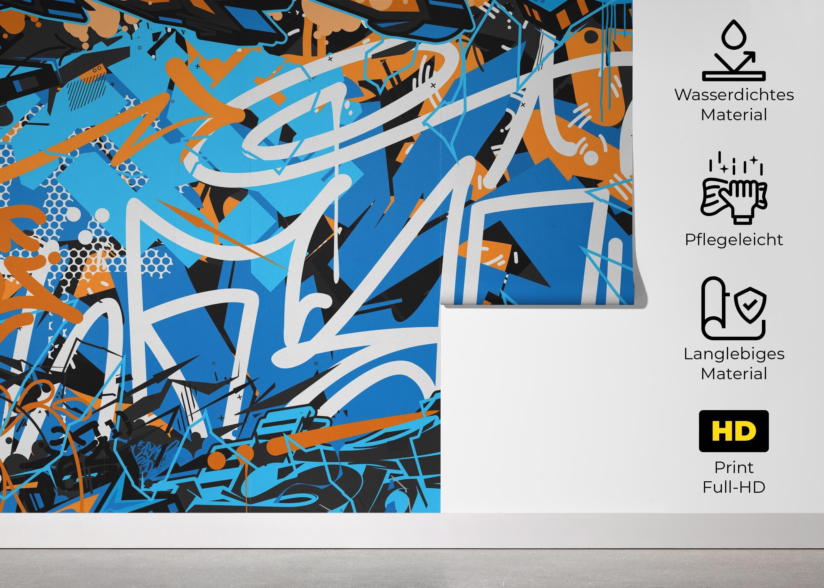 Fototapete Graffiti Blue Orange mockup 5