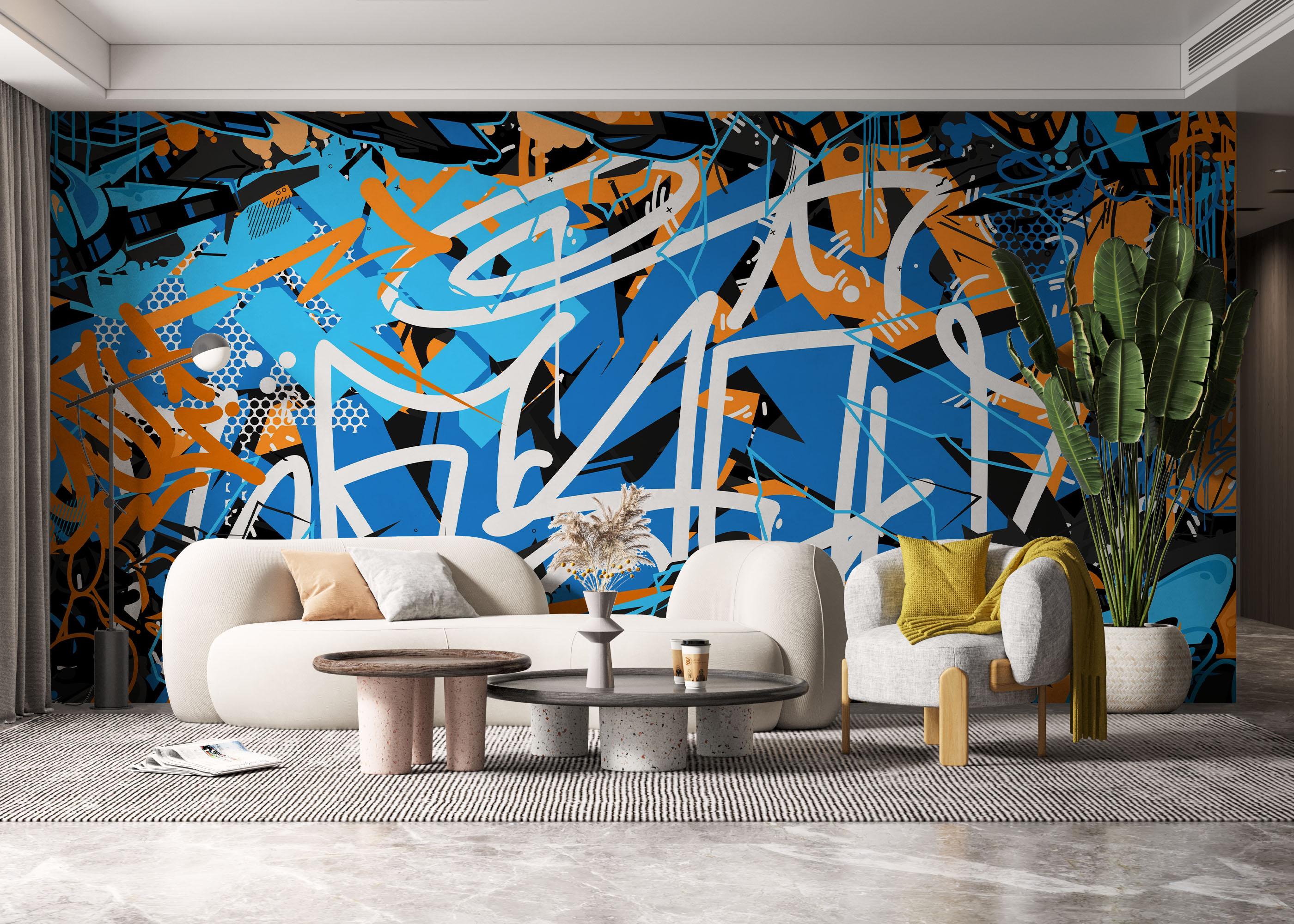 Fototapete Graffiti Blue Orange mockup 6