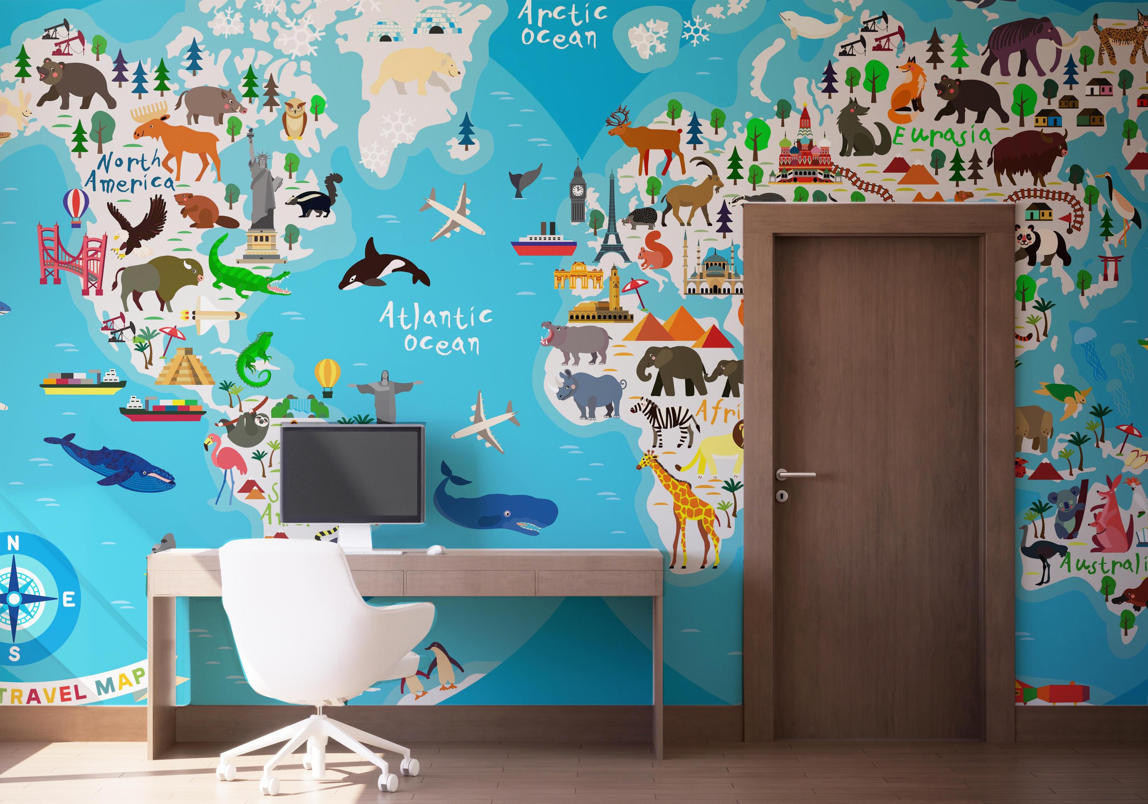 Fototapete World Map Animals mockup 1