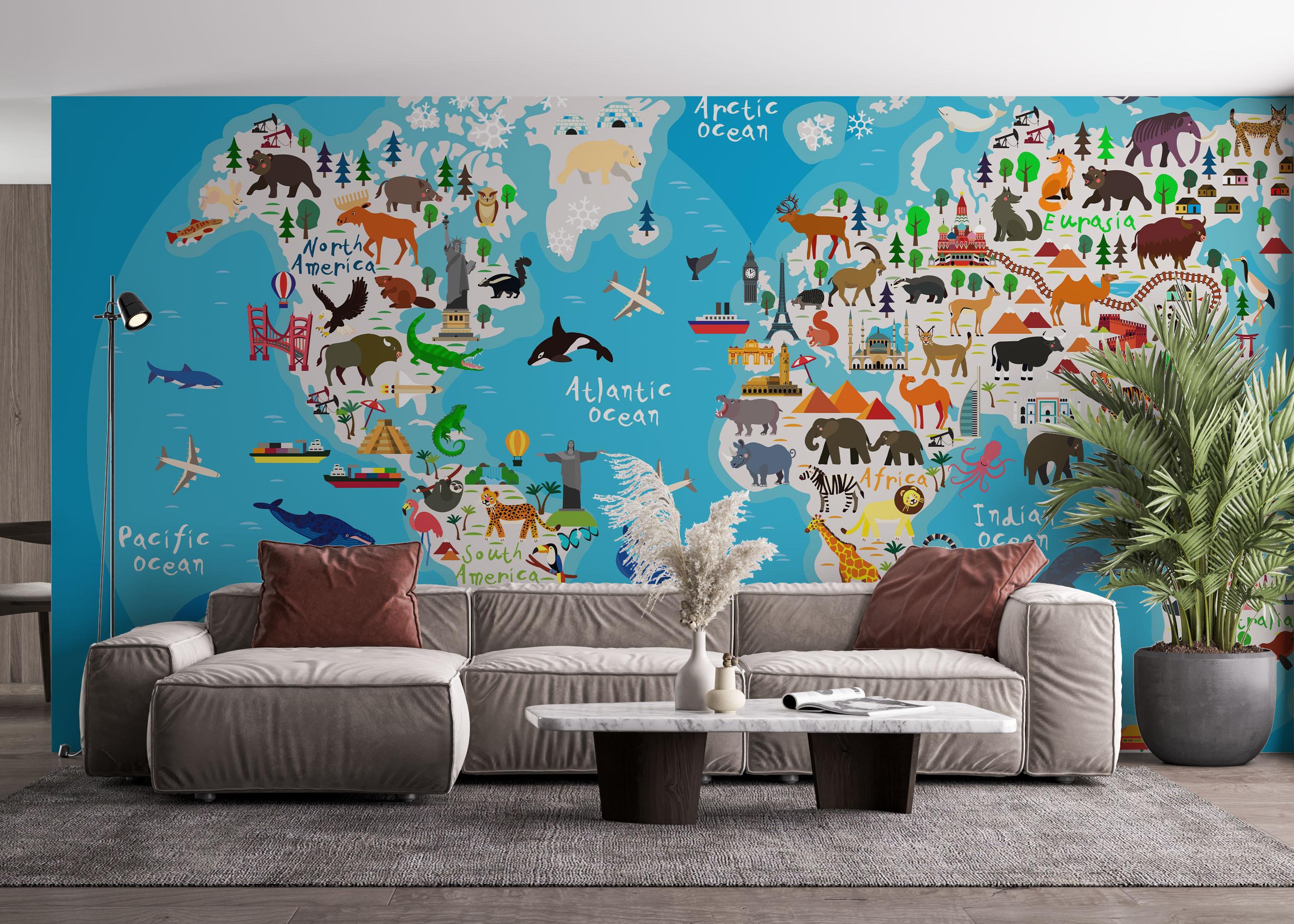 Fototapete World Map Animals mockup 4