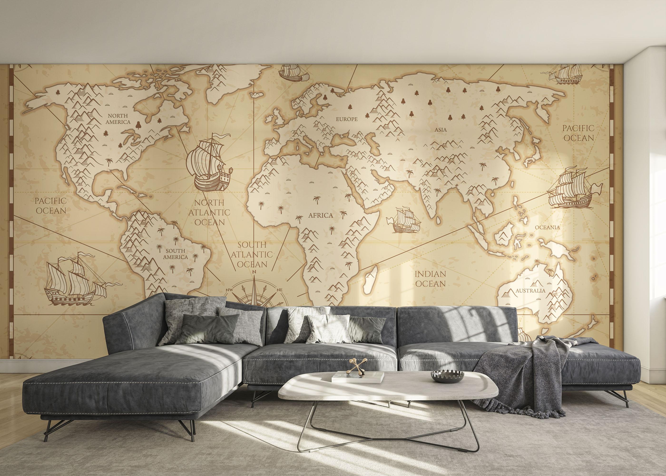 Fototapete Cream Map Compass mockup 0