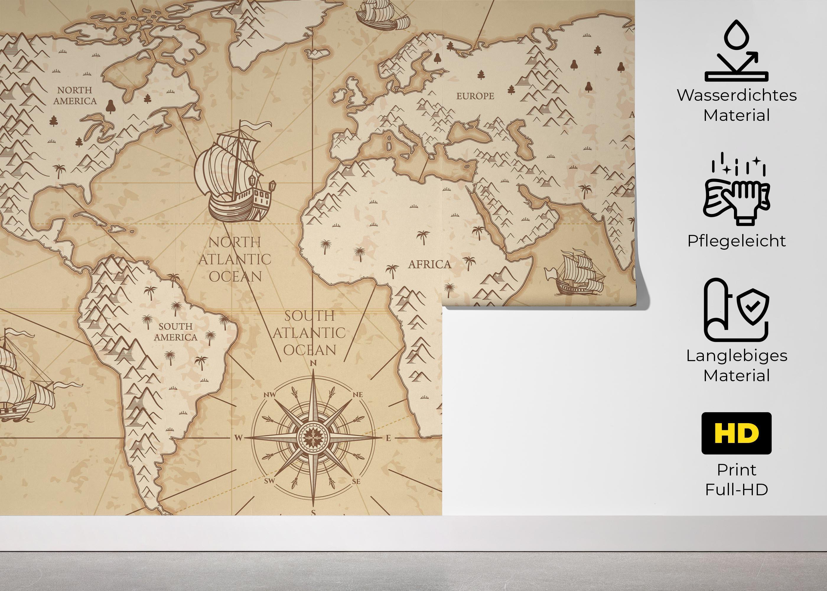 Fototapete Cream Map Compass mockup 5