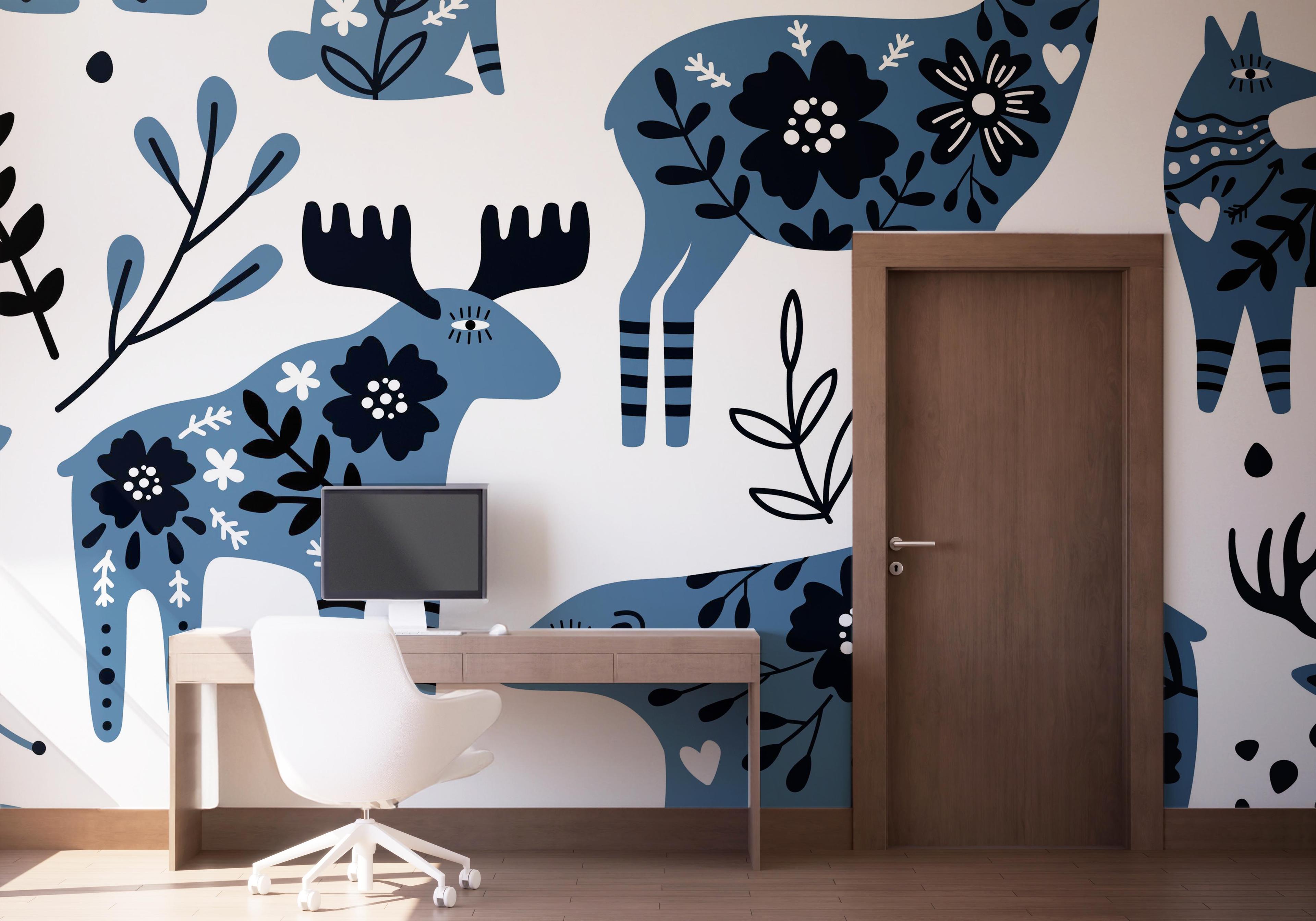 Fototapete Blue Flower Animals mockup 1