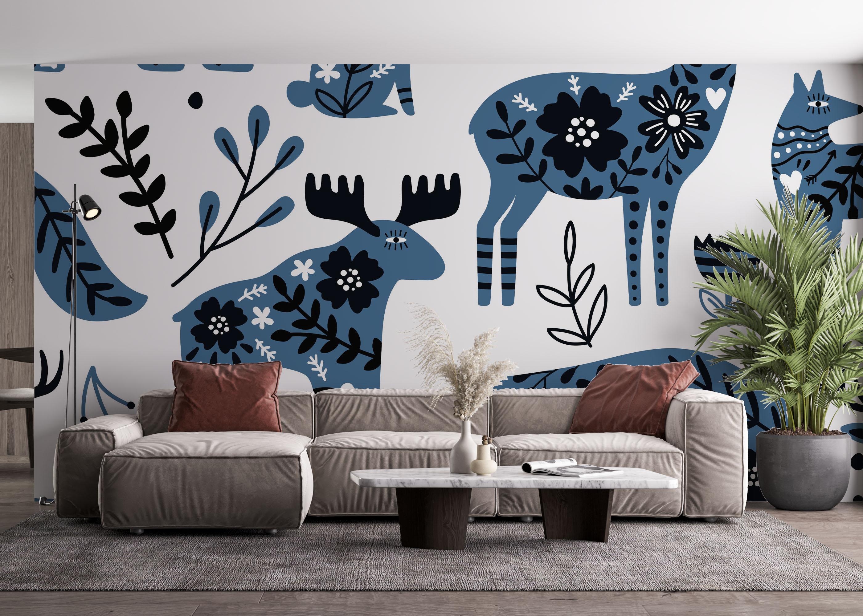 Fototapete Blue Flower Animals mockup 4