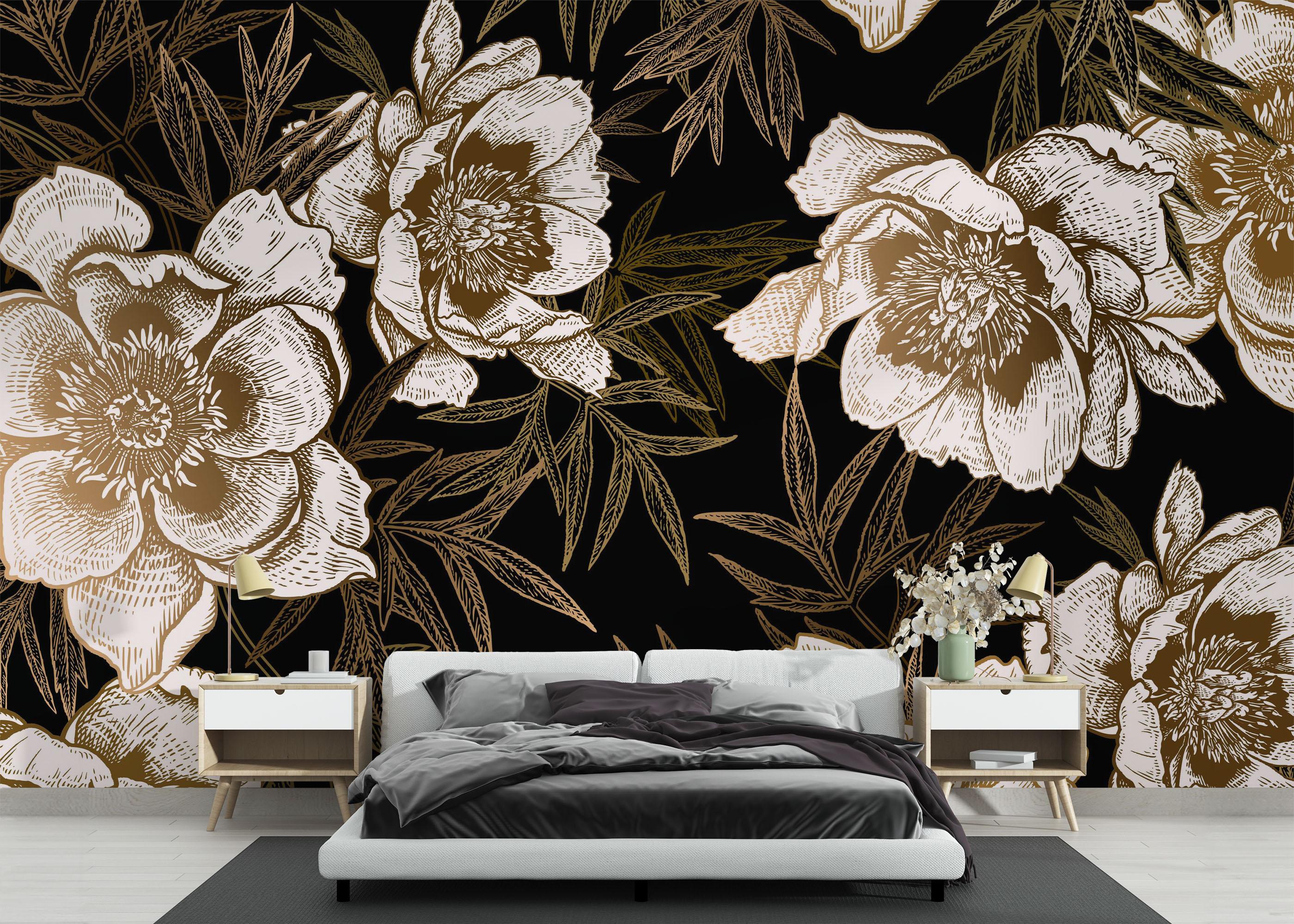 Fototapete Gold Black Peonies mockup 3
