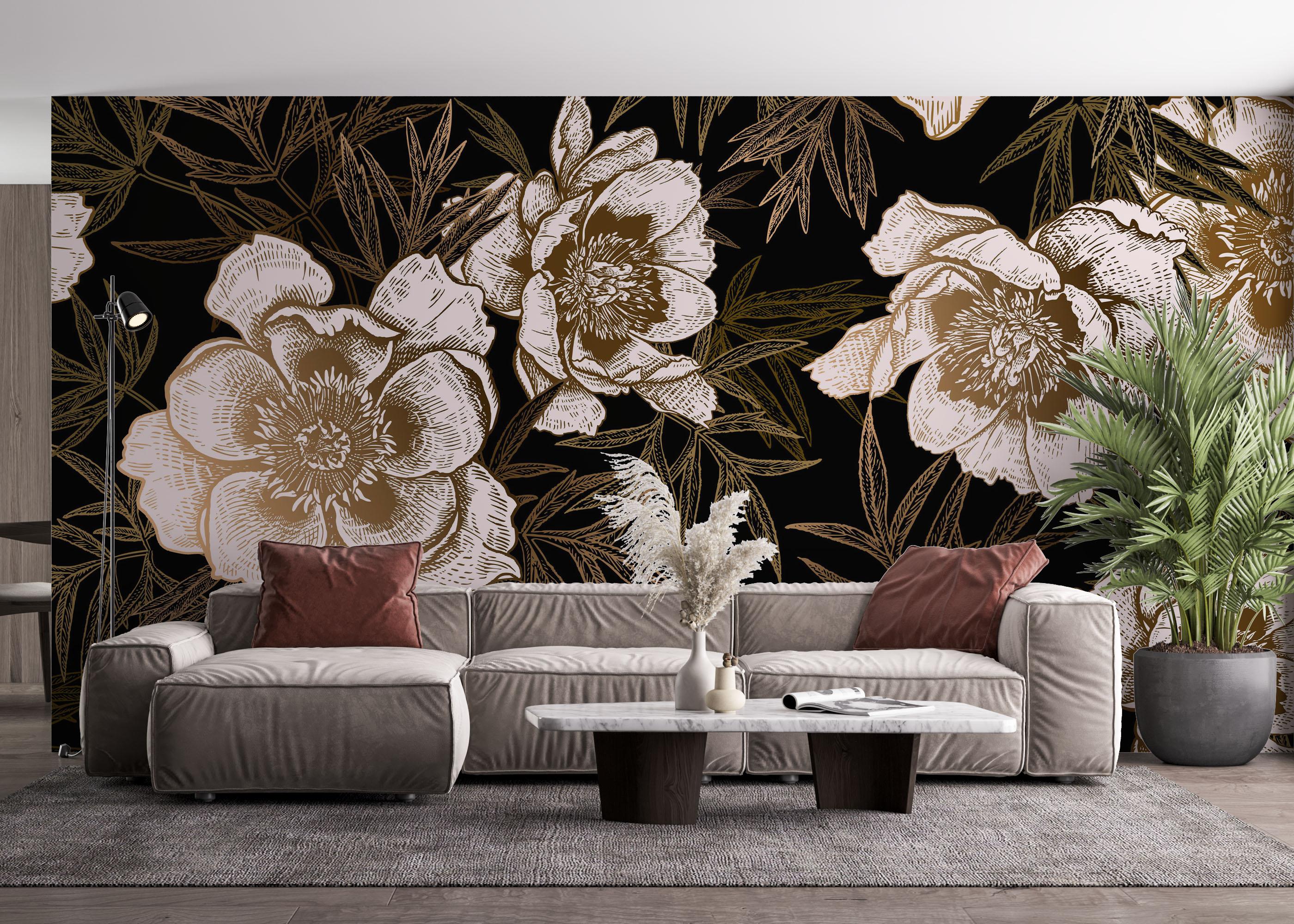 Fototapete Gold Black Peonies mockup 4