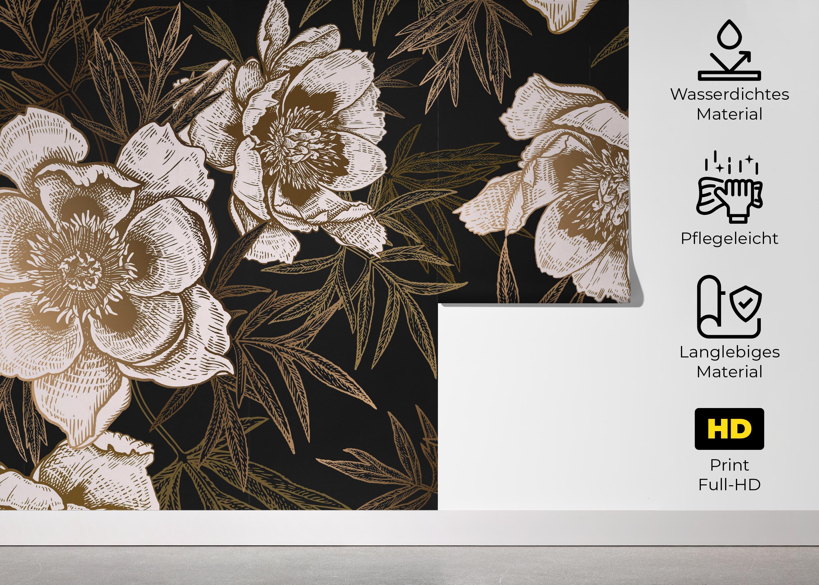 Fototapete Gold Black Peonies mockup 5