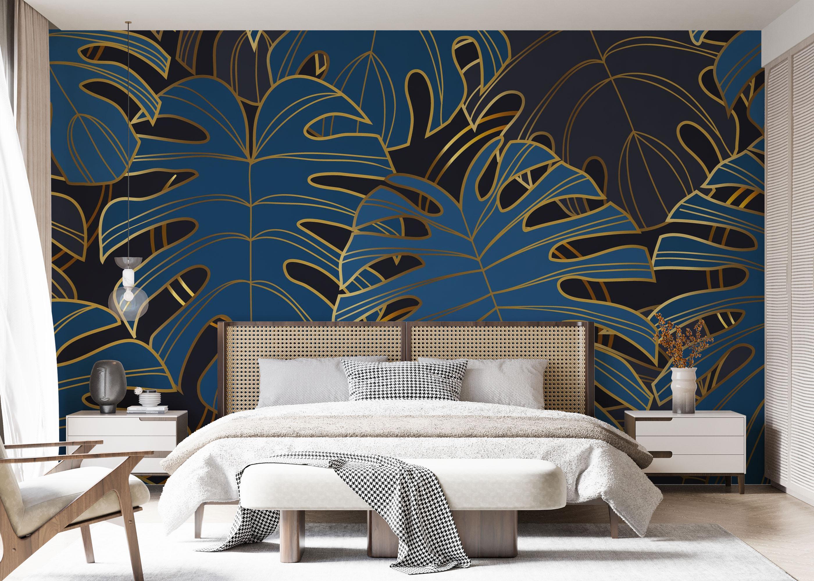 Fototapete Blue Gold Leaves mockup 7