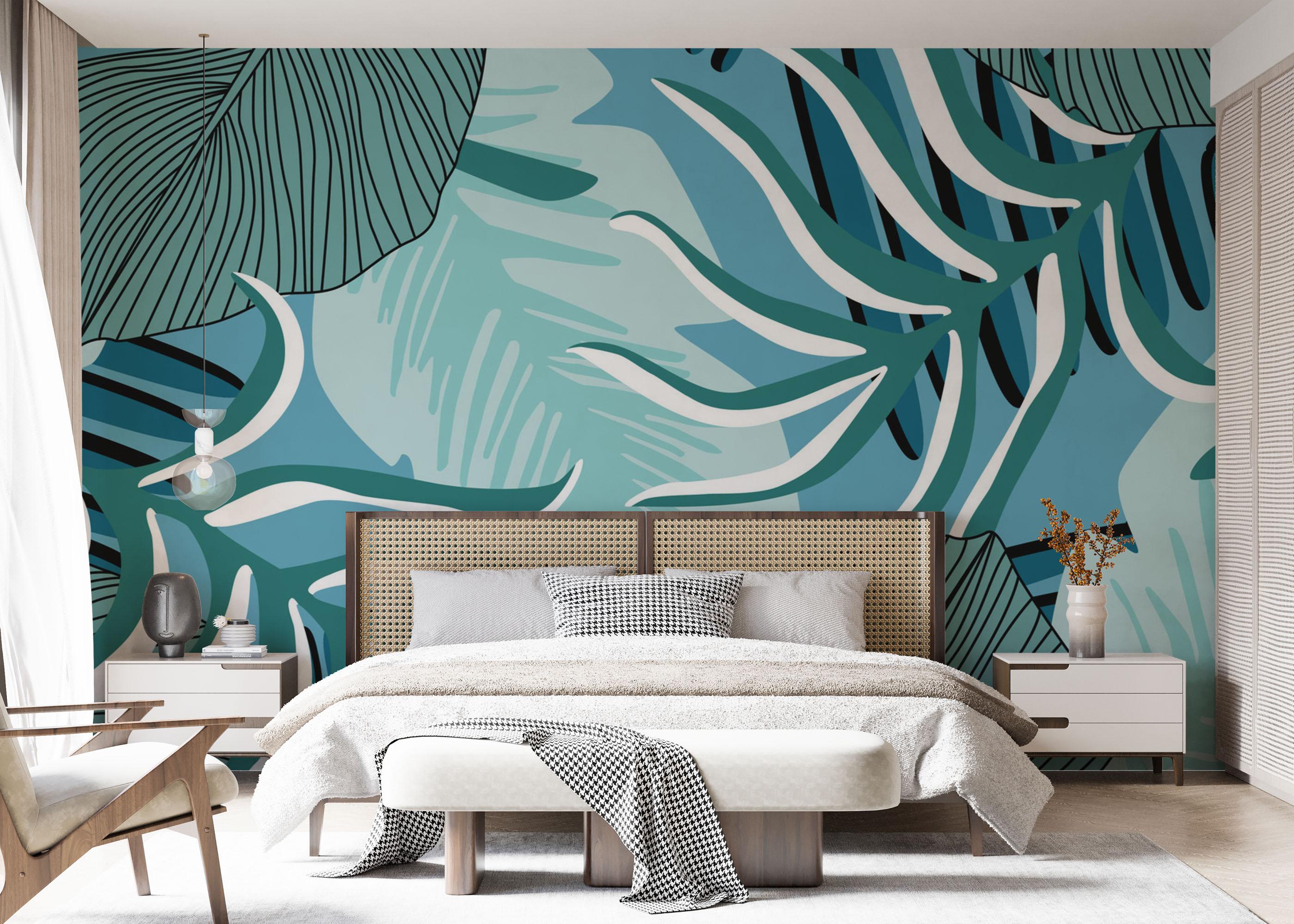 Fototapete Blue Leaves Pattern mockup 7