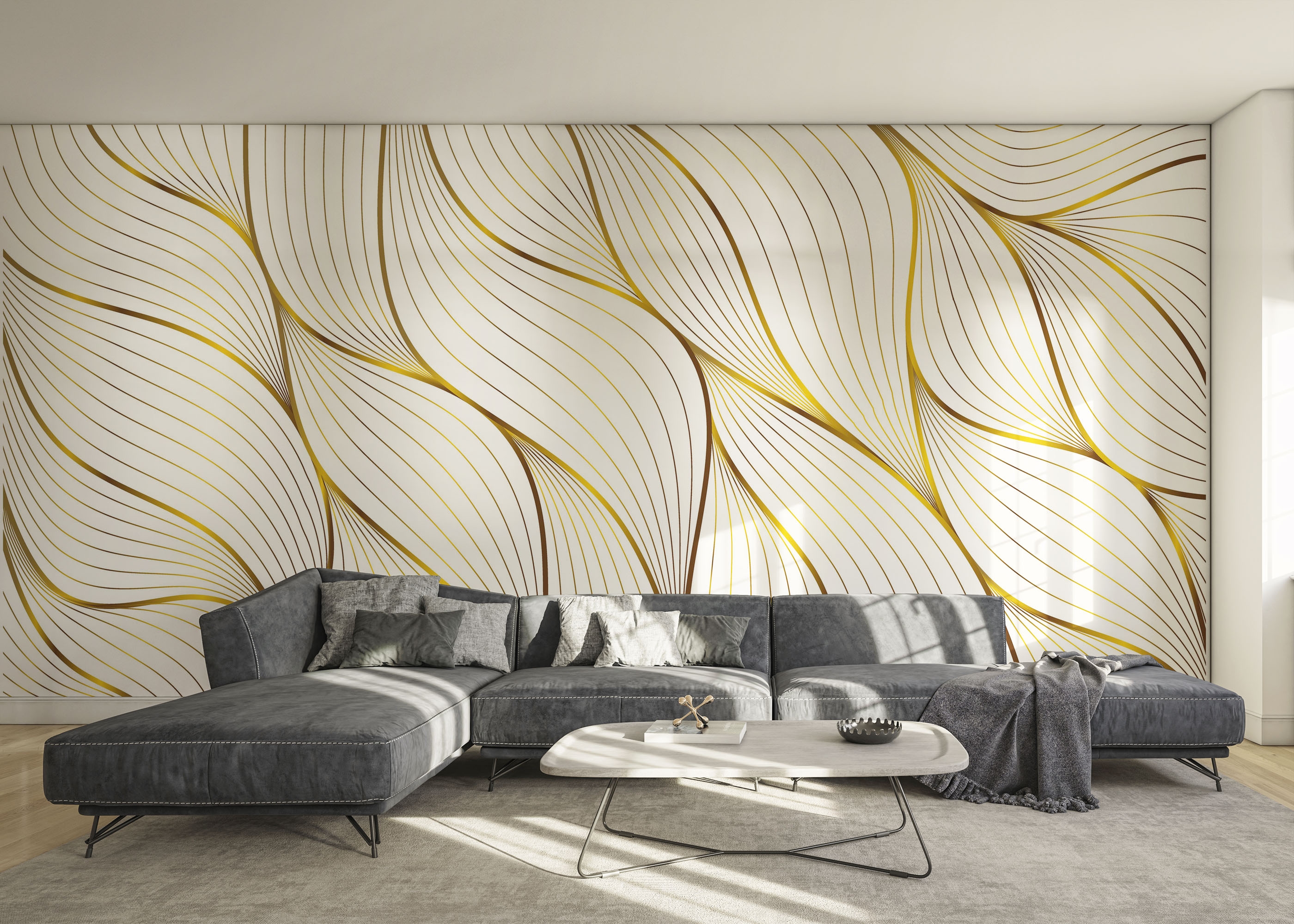 Fototapete Abstract Gold Leaves in einem Schlafzimmer mit warmen Tönen