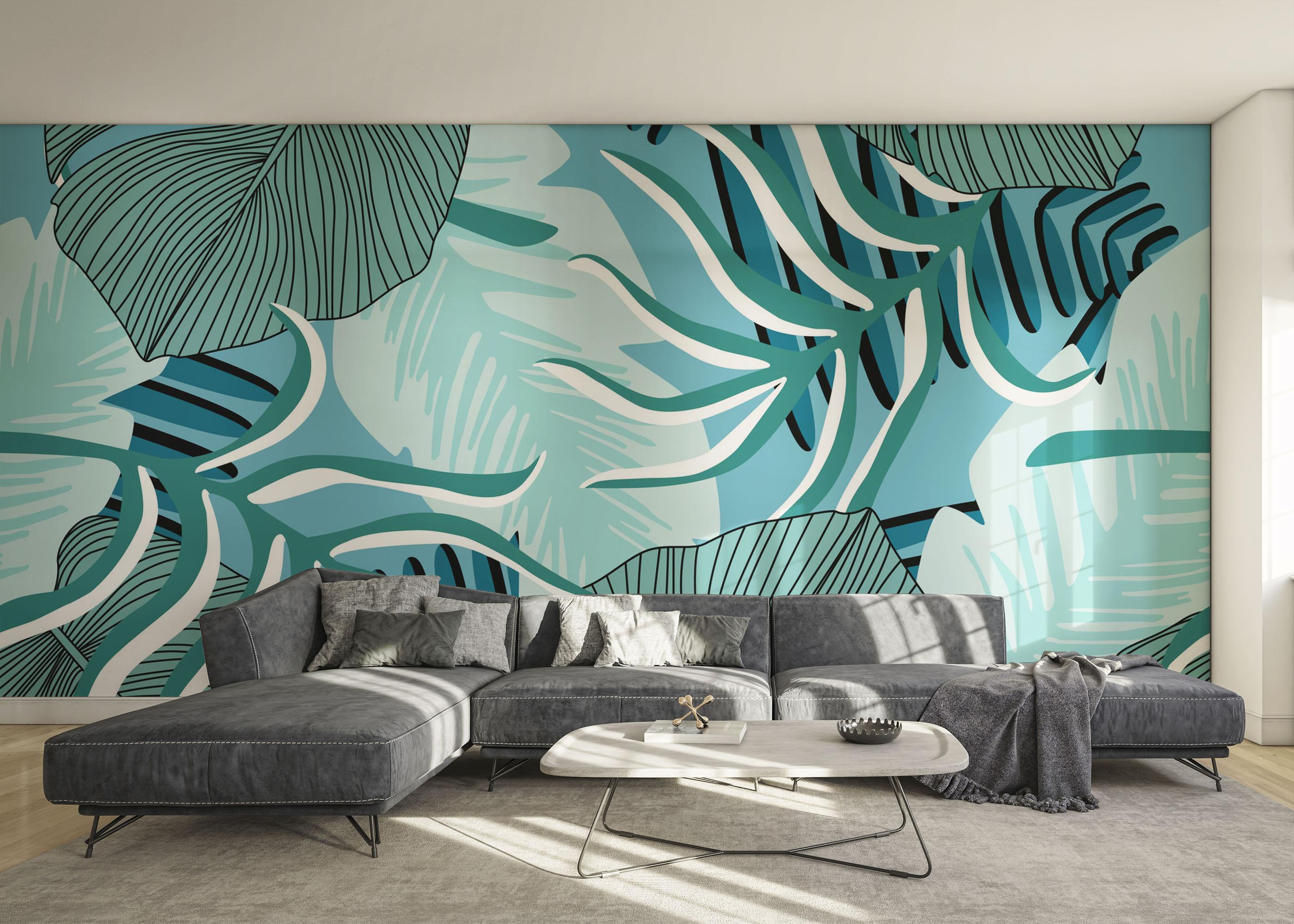 Fototapete Blue Leaves Pattern mockup 0