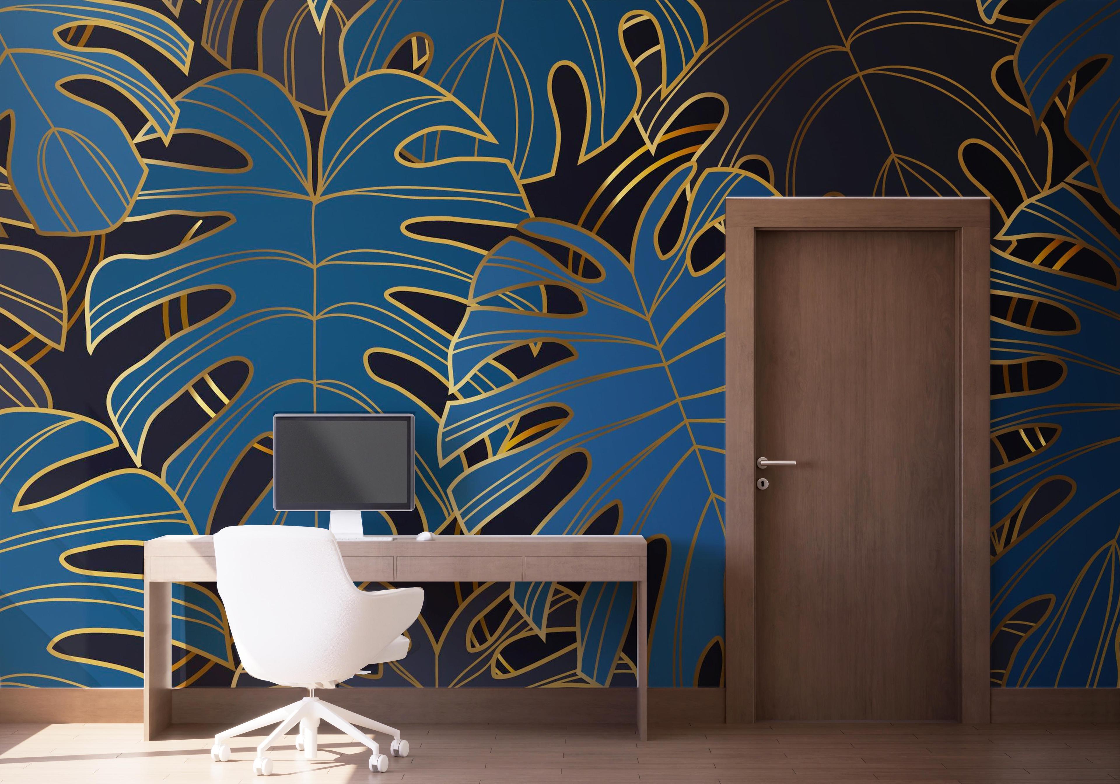 Fototapete Blue Gold Leaves mockup 1