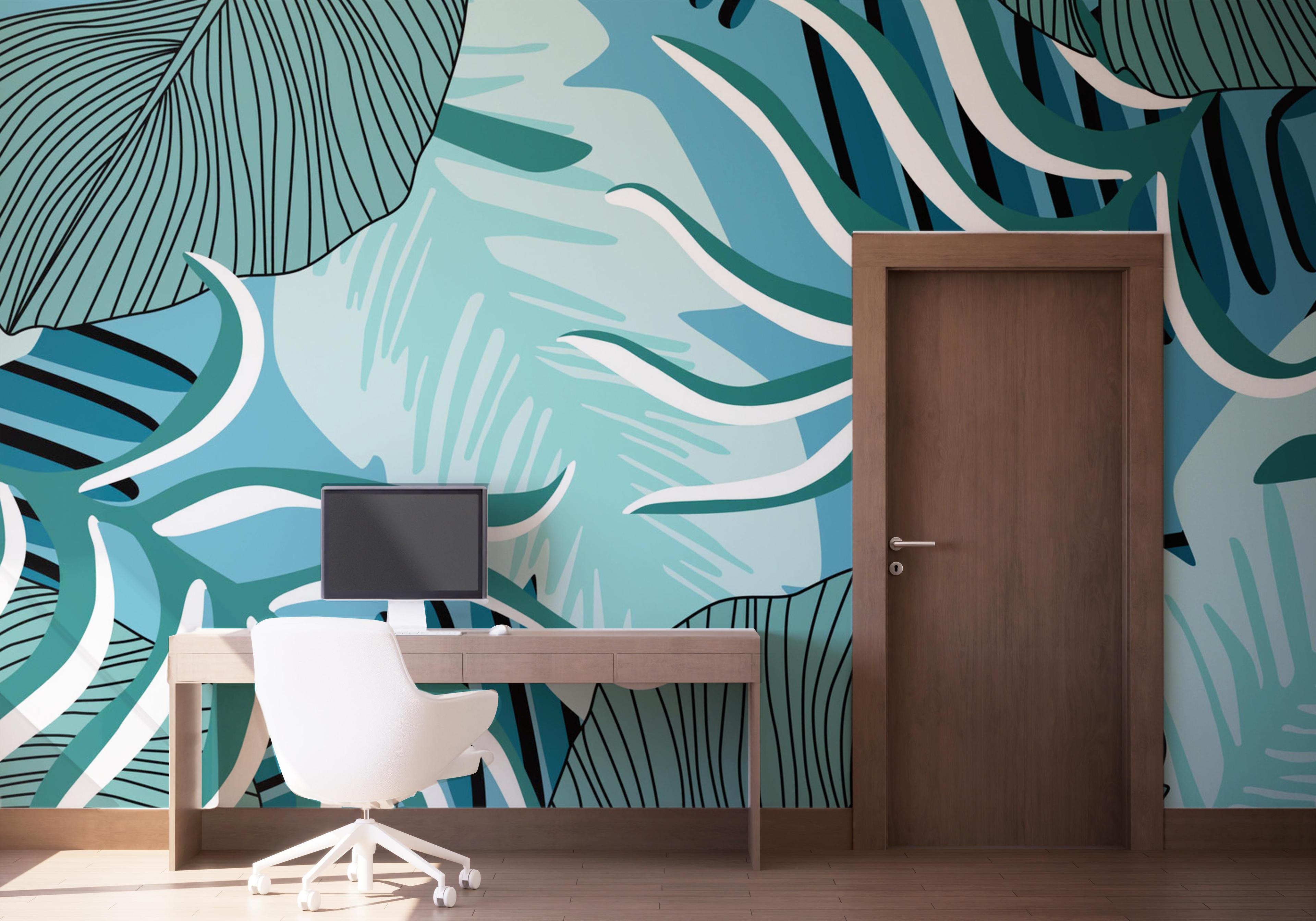 Fototapete Blue Leaves Pattern mockup 1