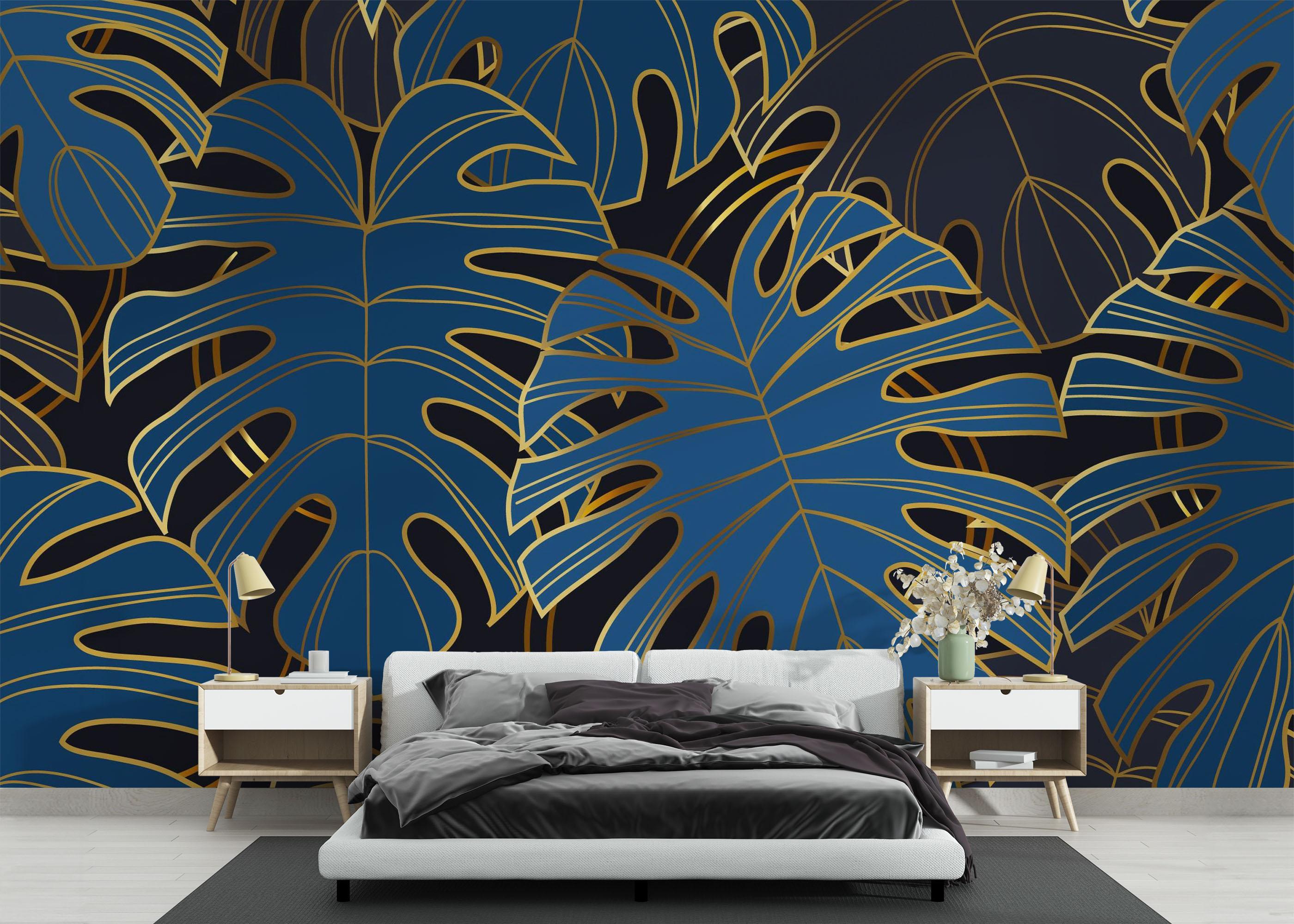 Fototapete Blue Gold Line Leaf mockup 3