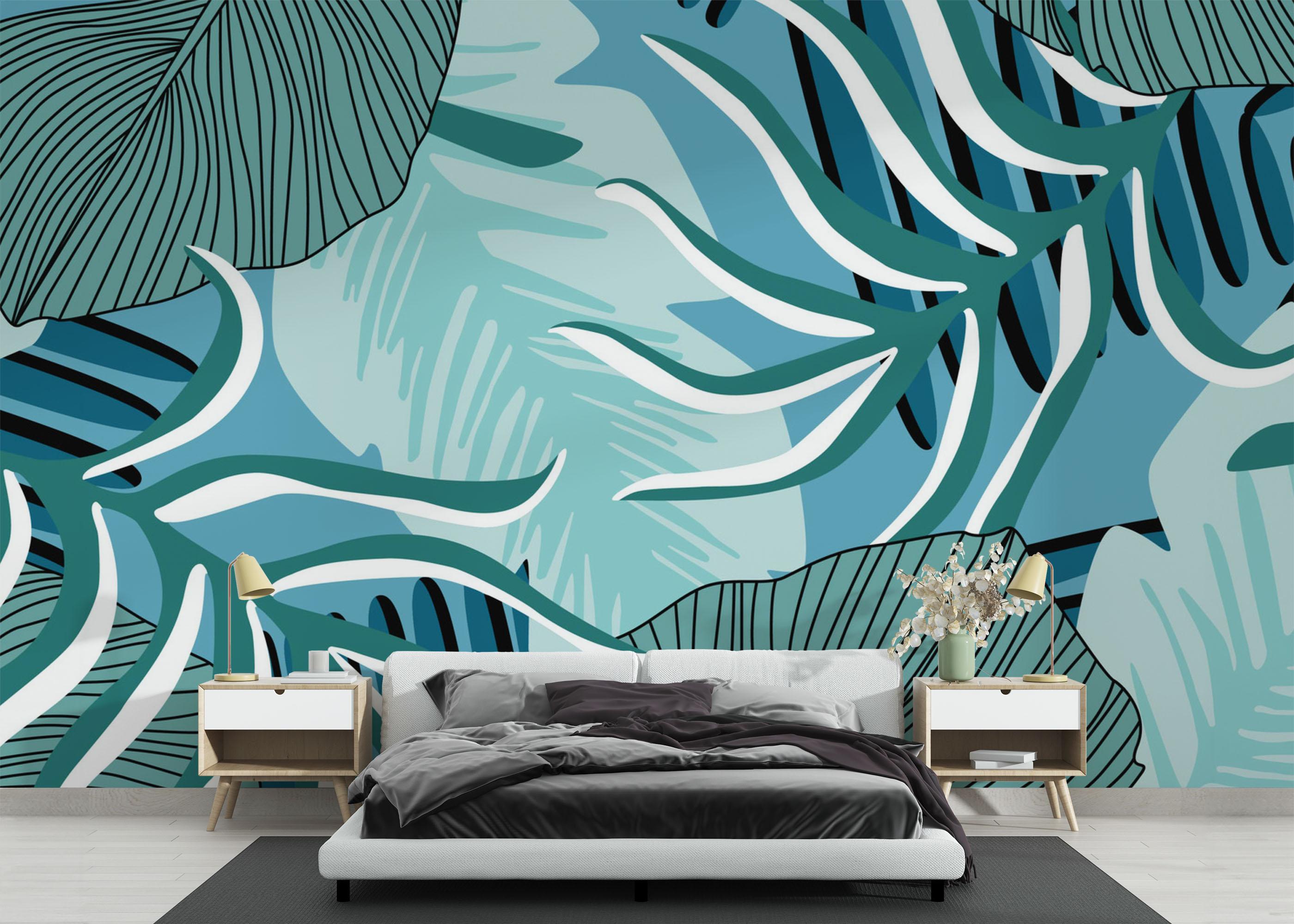 Fototapete Blue Leaves Pattern mockup 3