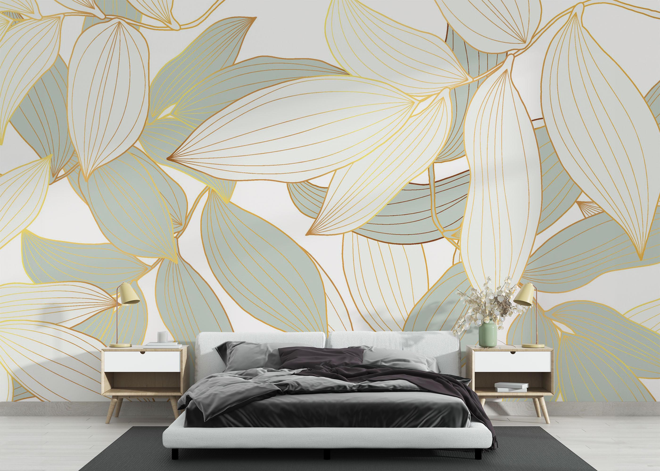 Fototapete Grey Gold Leaves Art mockup 3