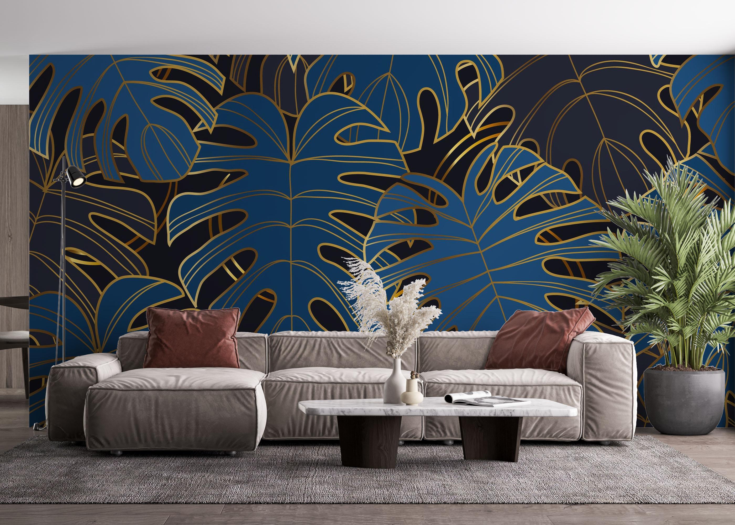 Fototapete Blue Gold Leaves mockup 4