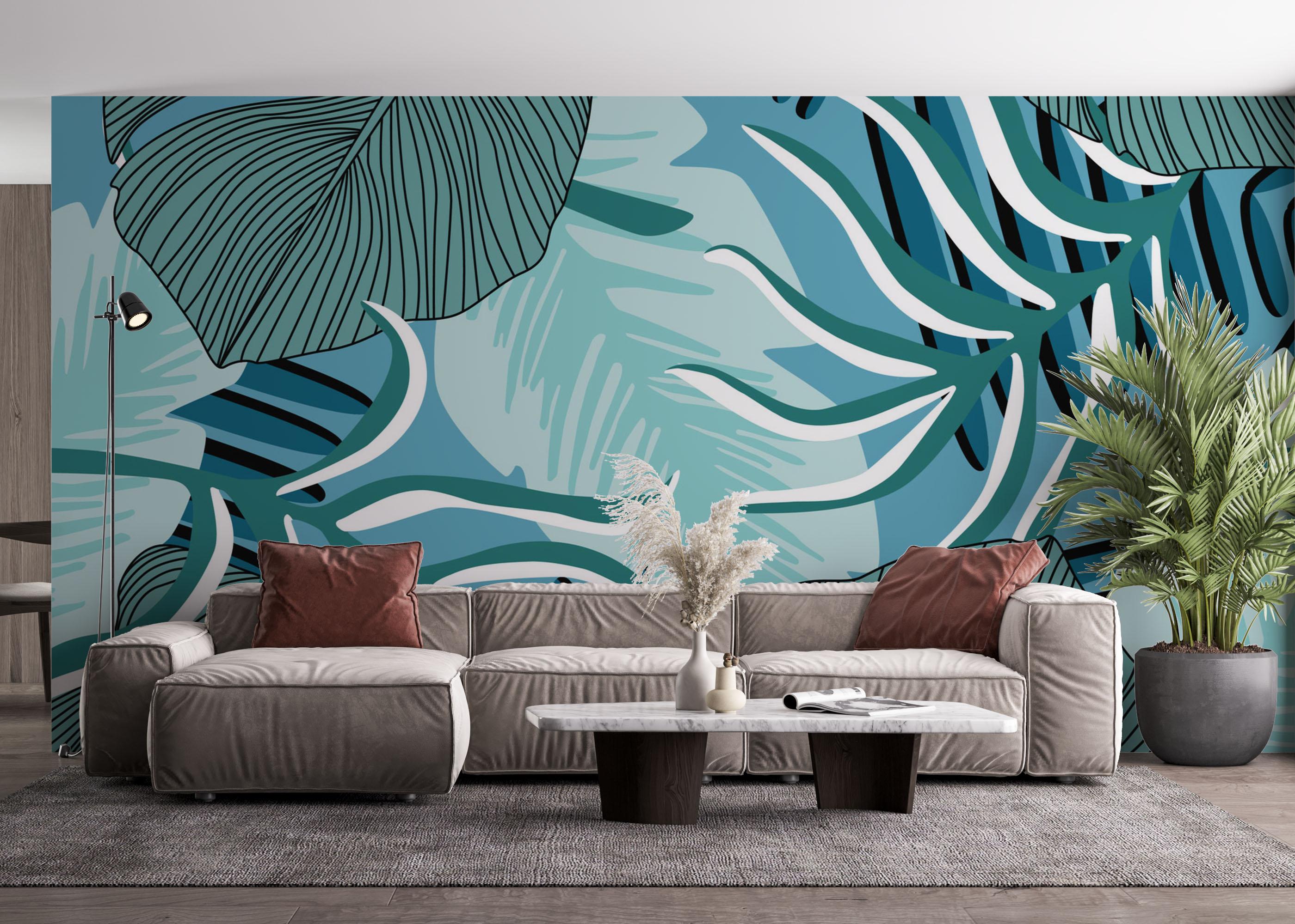 Fototapete Blue Leaves Pattern mockup 4