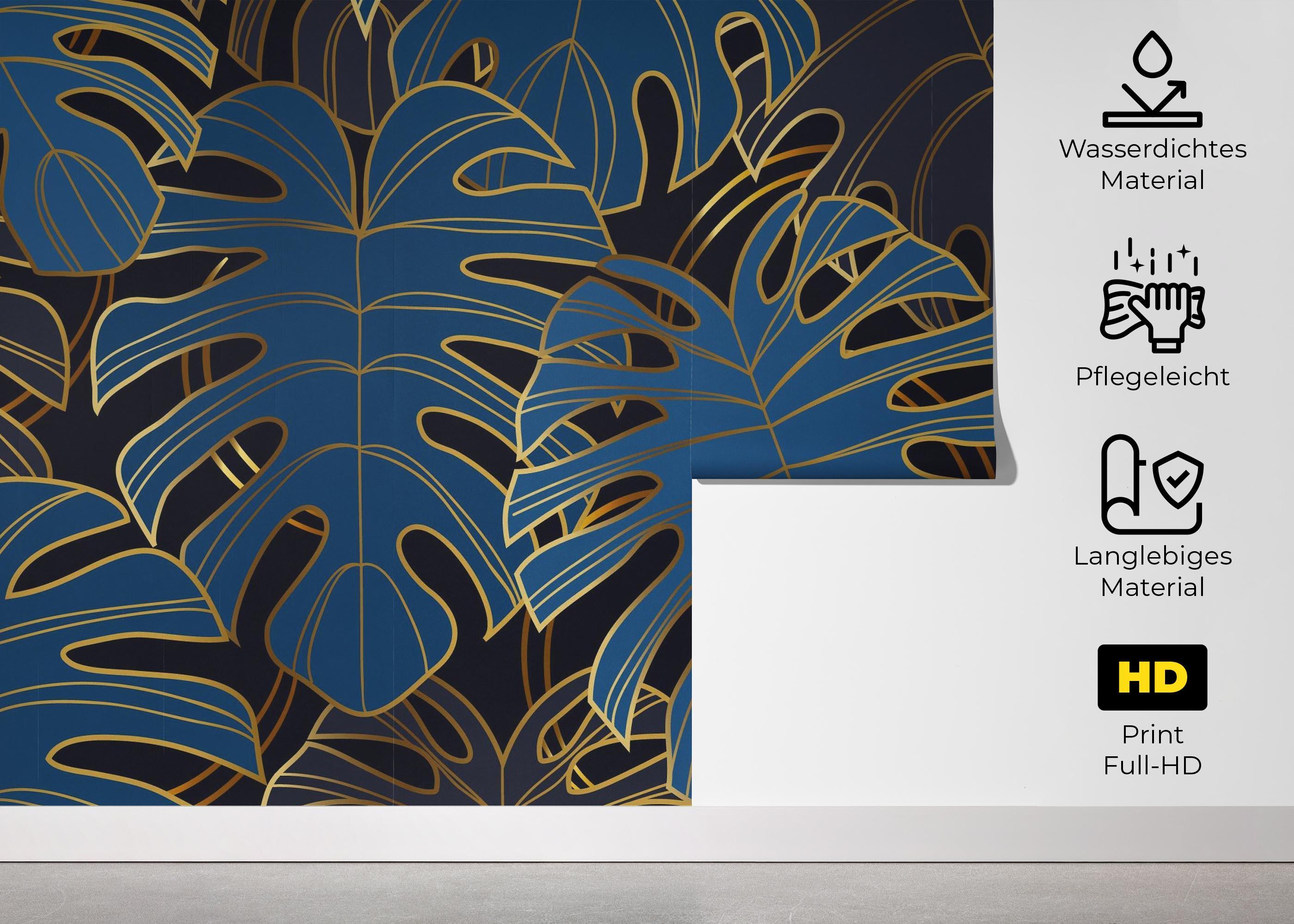 Fototapete Blue Gold Leaves mockup 5