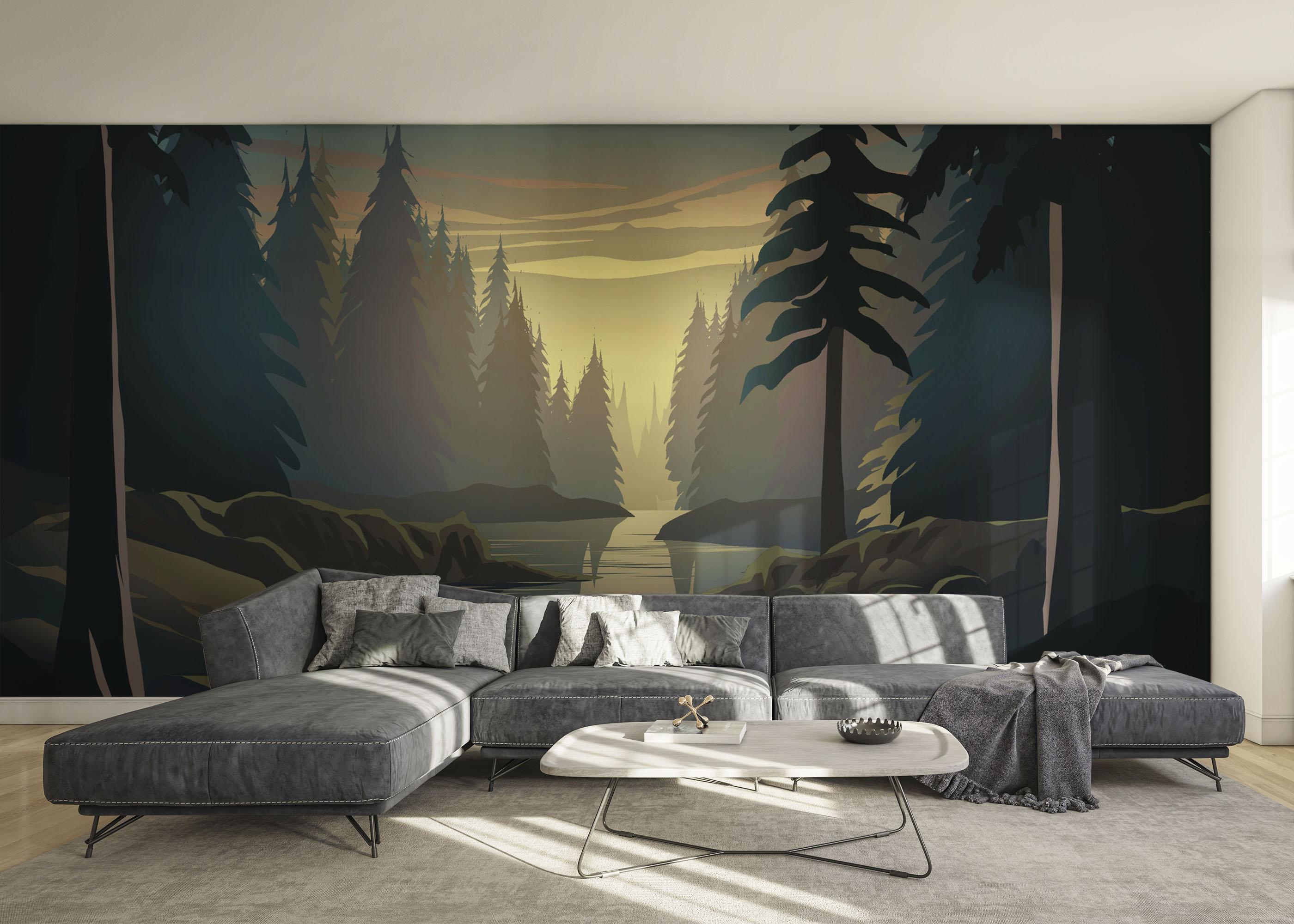 Fototapete Forest Sunrise River mockup 0