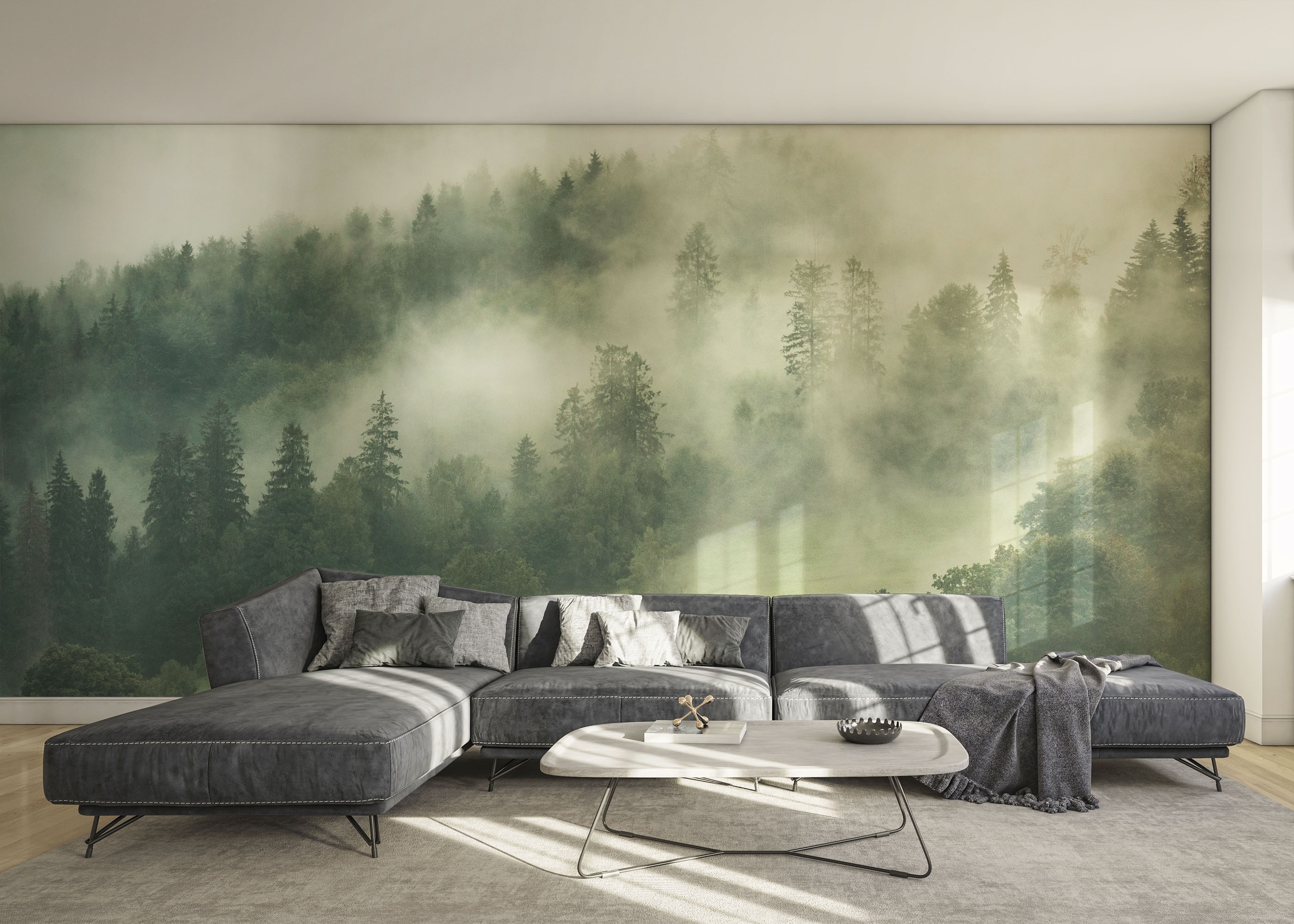 Fototapete Green Forest Fog als Akzentwand im Schlafzimmer