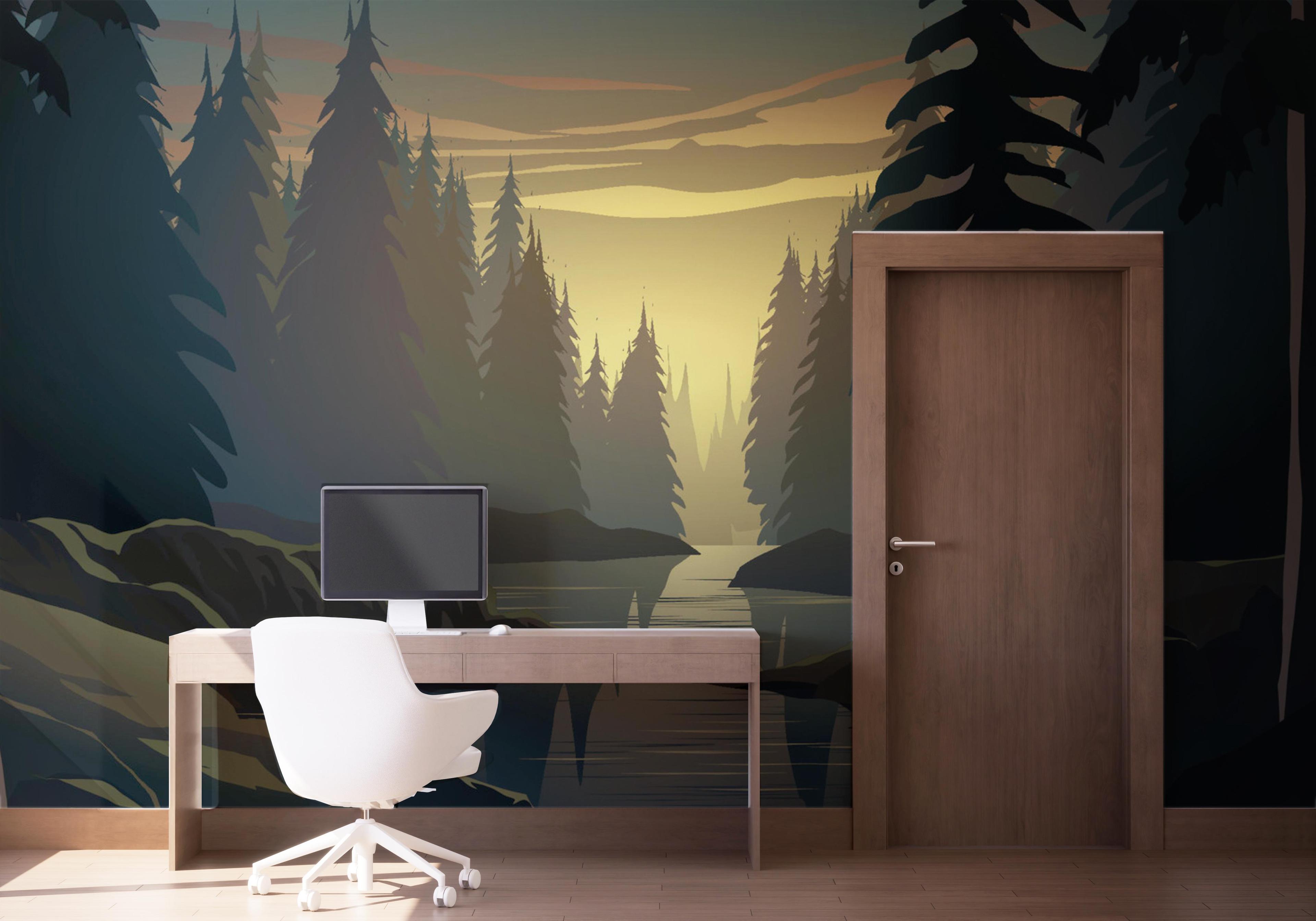 Fototapete Forest Sunrise River mockup 1