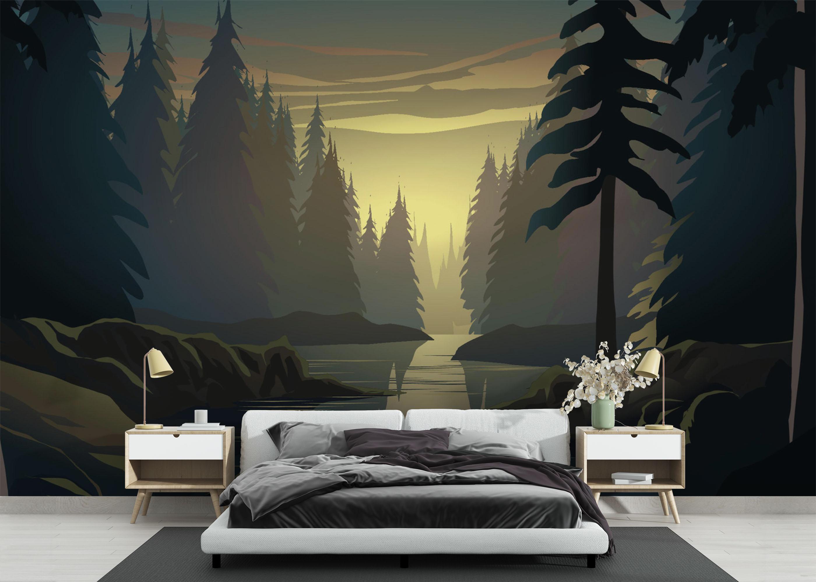 Fototapete Forest Sunrise River mockup 3