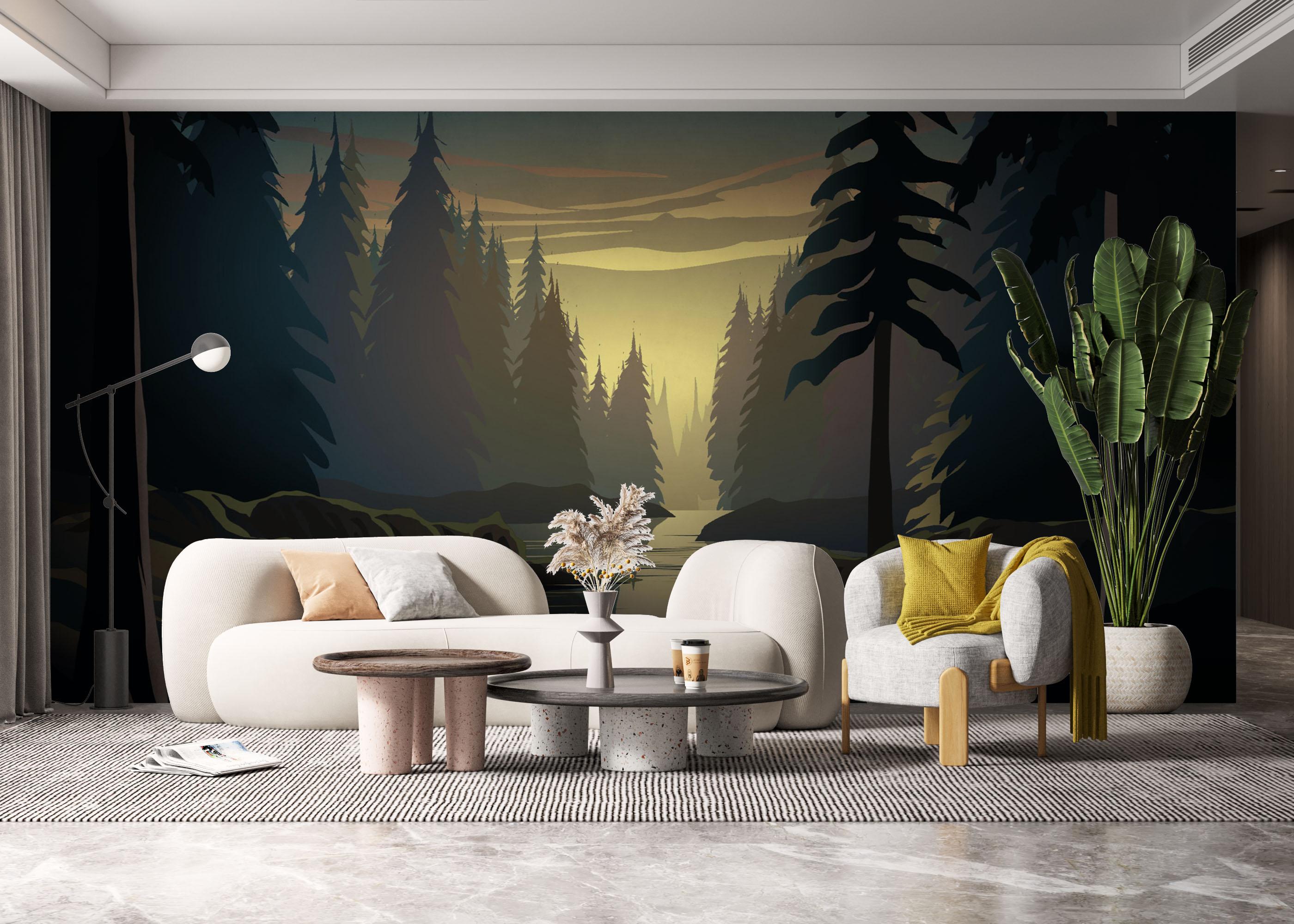 Fototapete Forest Sunrise River mockup 6