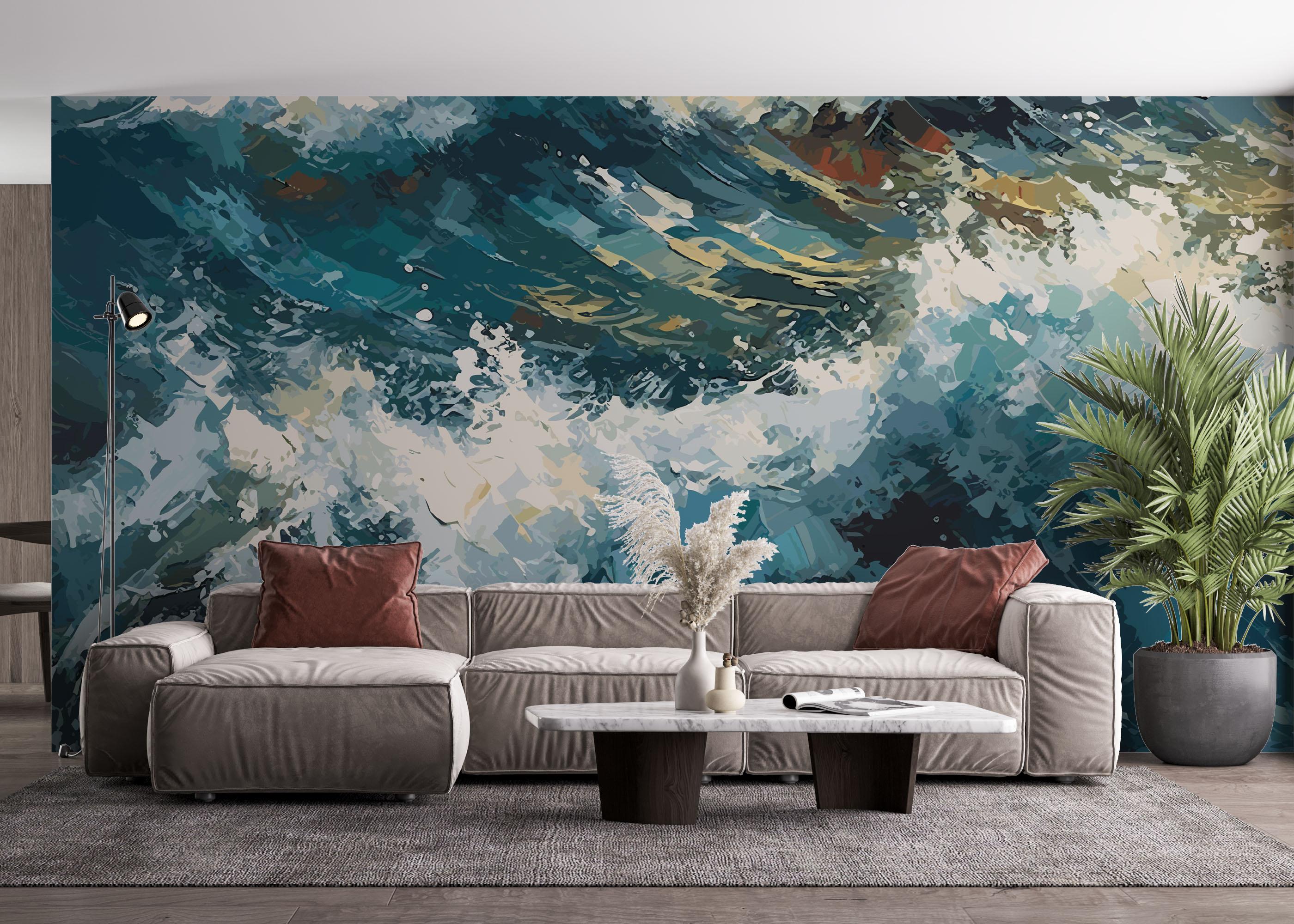 Fototapete Blue White Wave Art mockup 4