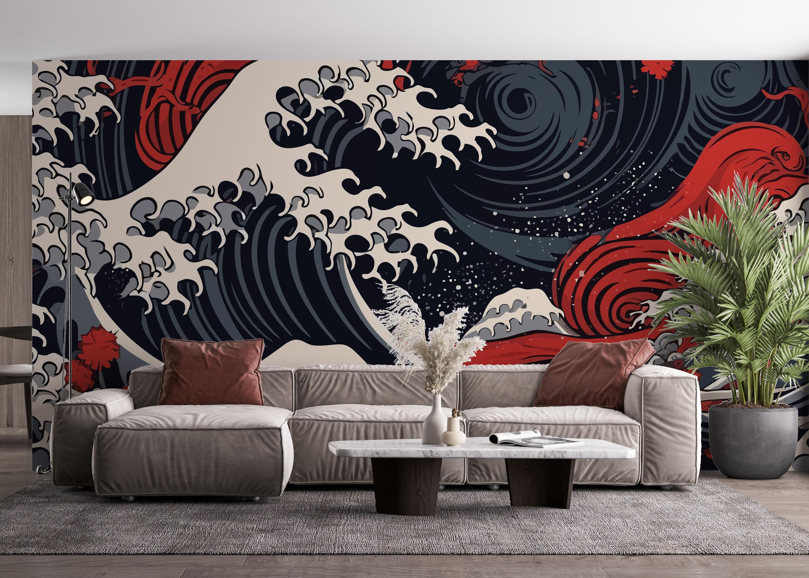 Fototapete Red Blue Wave Art mockup 4