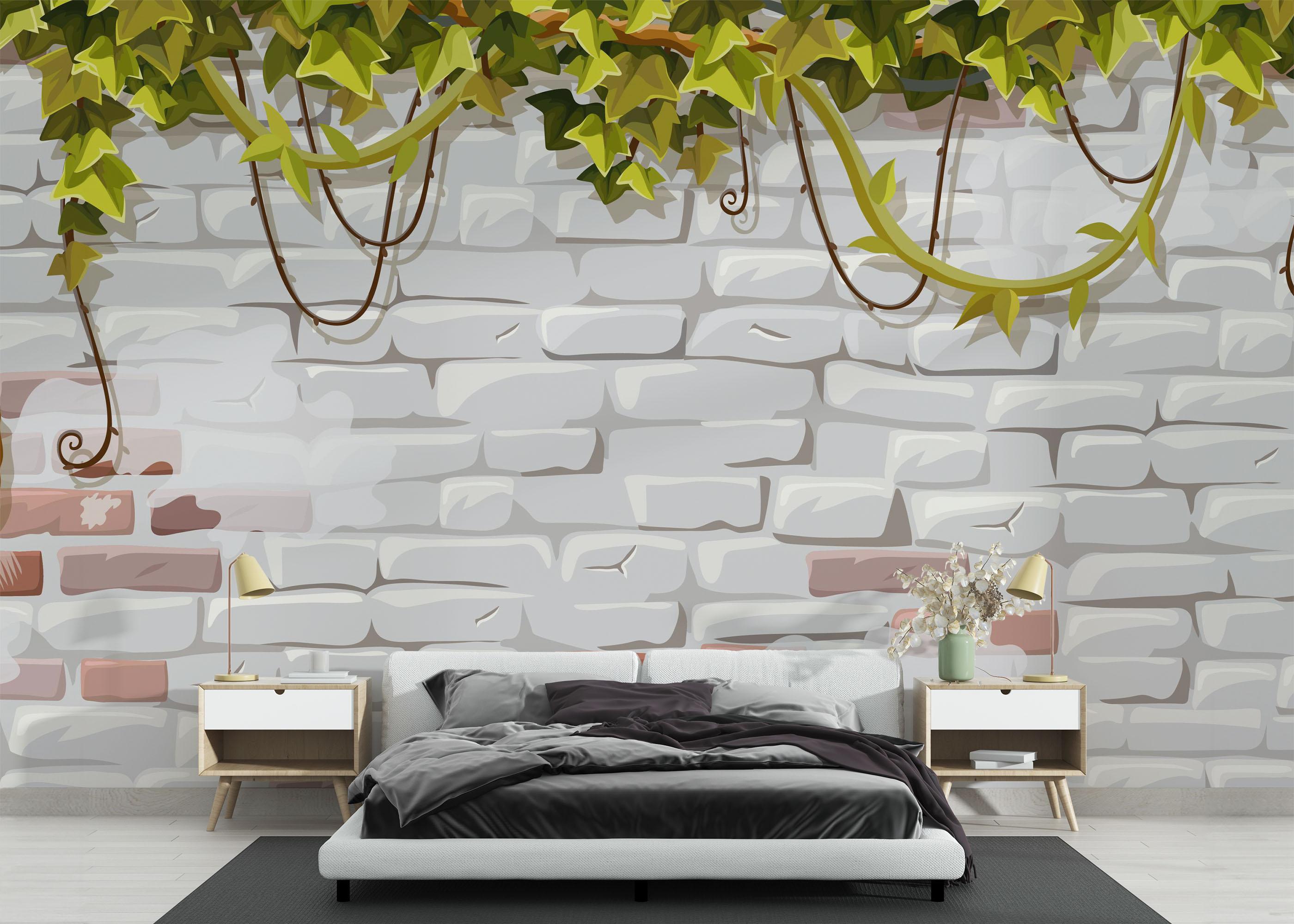 Fototapete Leaves White Brick mockup 3