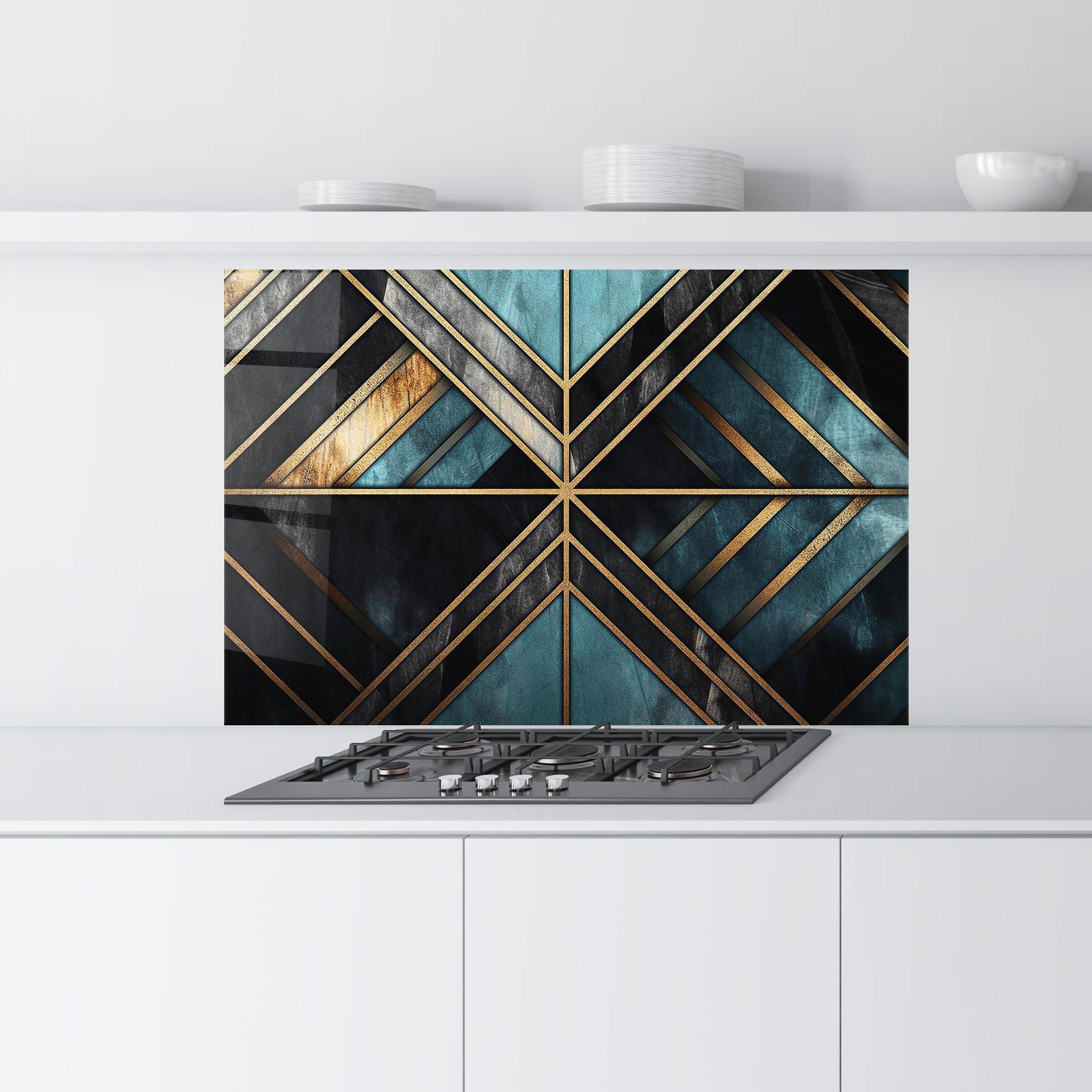 Küchenrückwand Glas Gold Lines On Blue Painting mockup 9