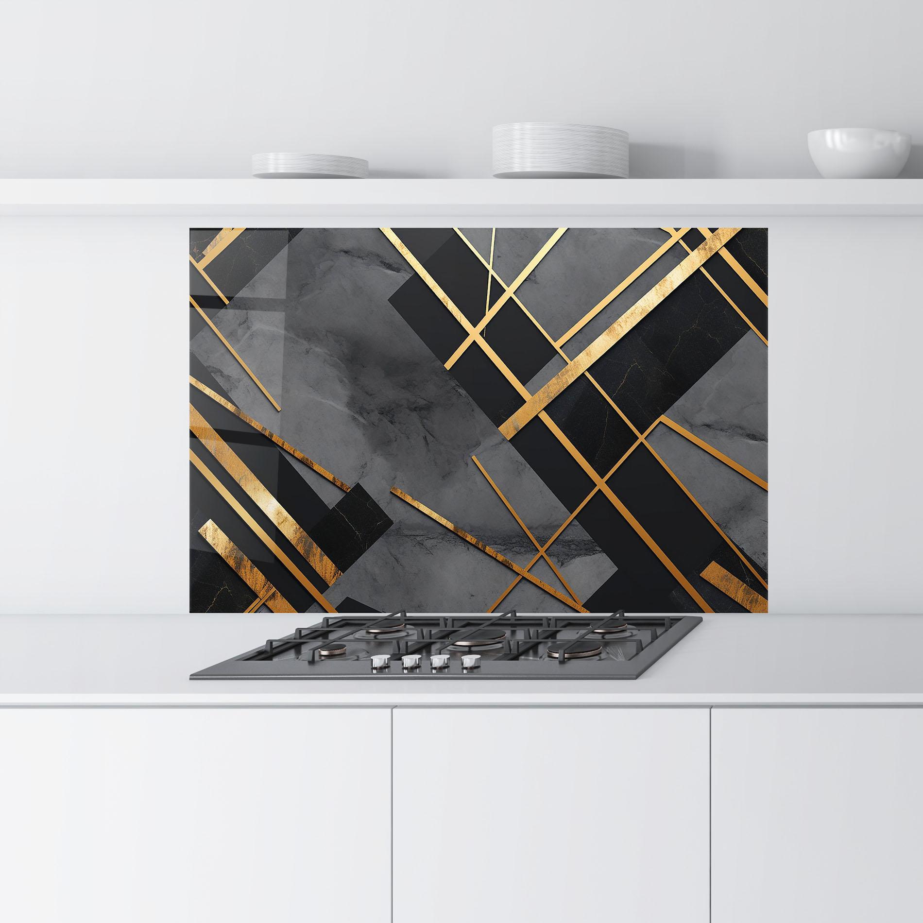 Küchenrückwand Glas Grey Painting With Gold Lines mockup 9
