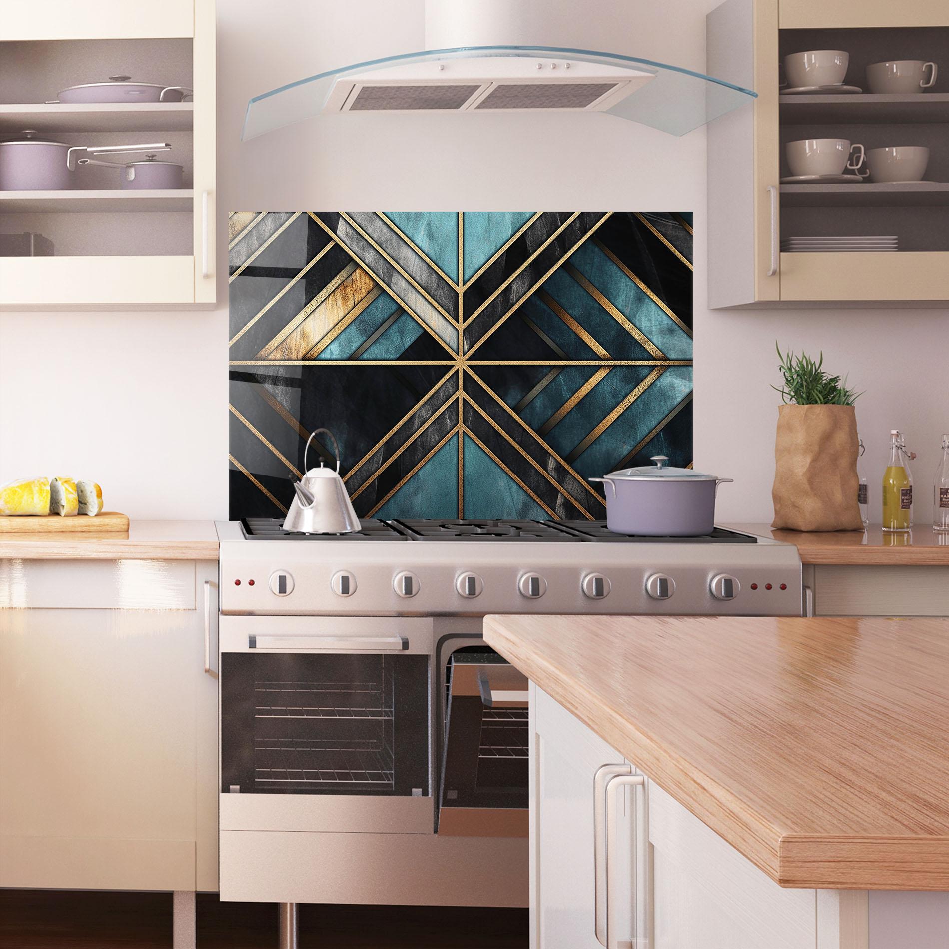 Küchenrückwand Glas Gold Lines On Blue Painting mockup 1