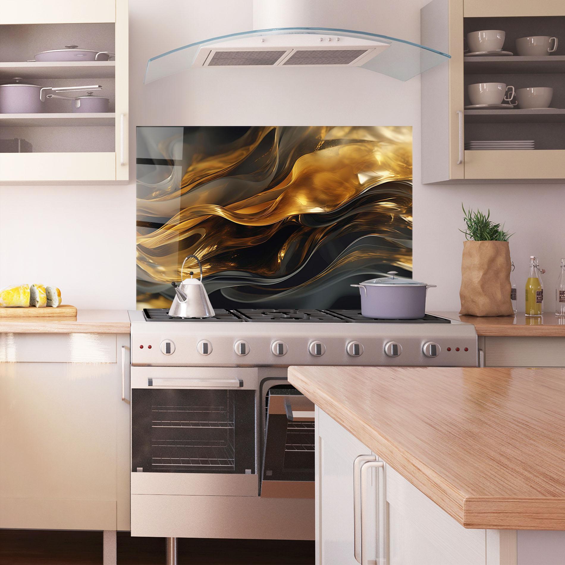 Küchenrückwand Glas Gold With Black Wave mockup 1