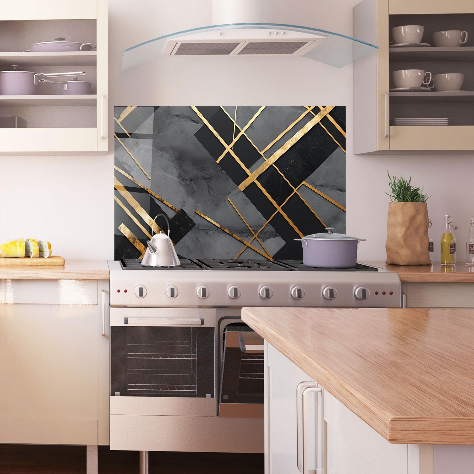 Küchenrückwand Glas Grey Painting With Gold Lines mockup 1