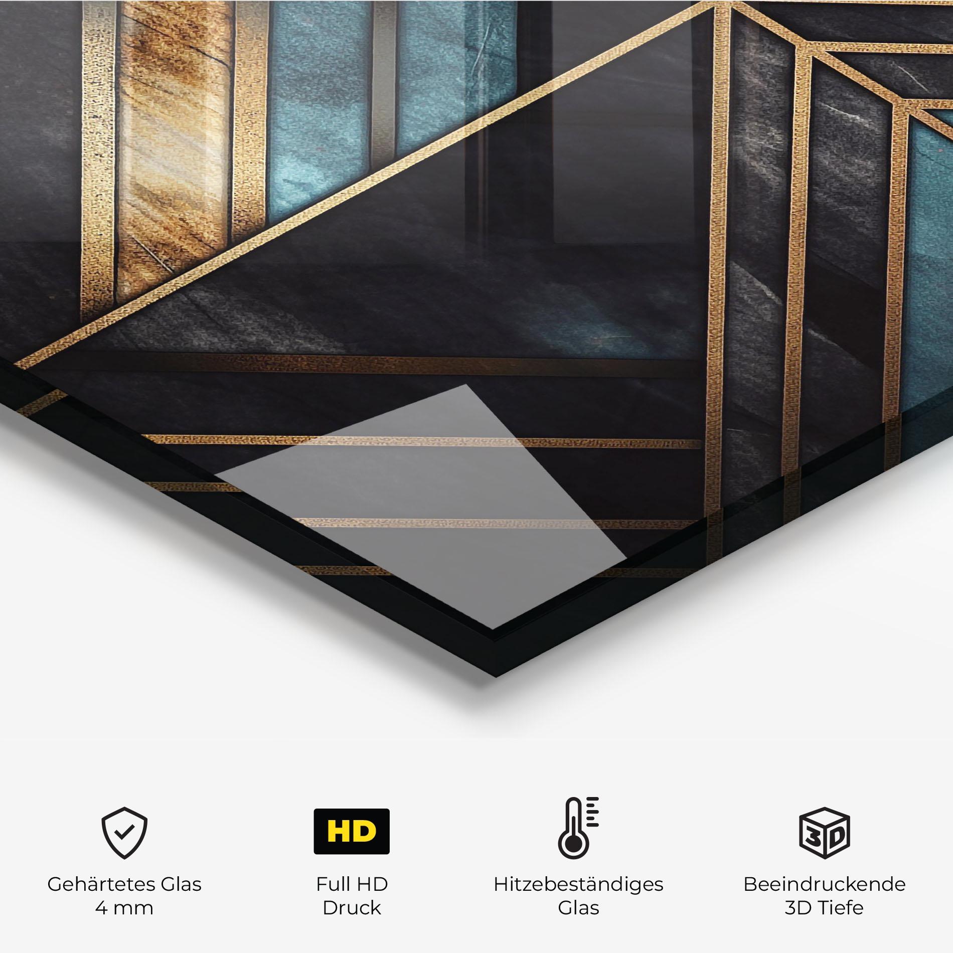 Küchenrückwand Glas Gold Lines On Blue Painting mockup 2