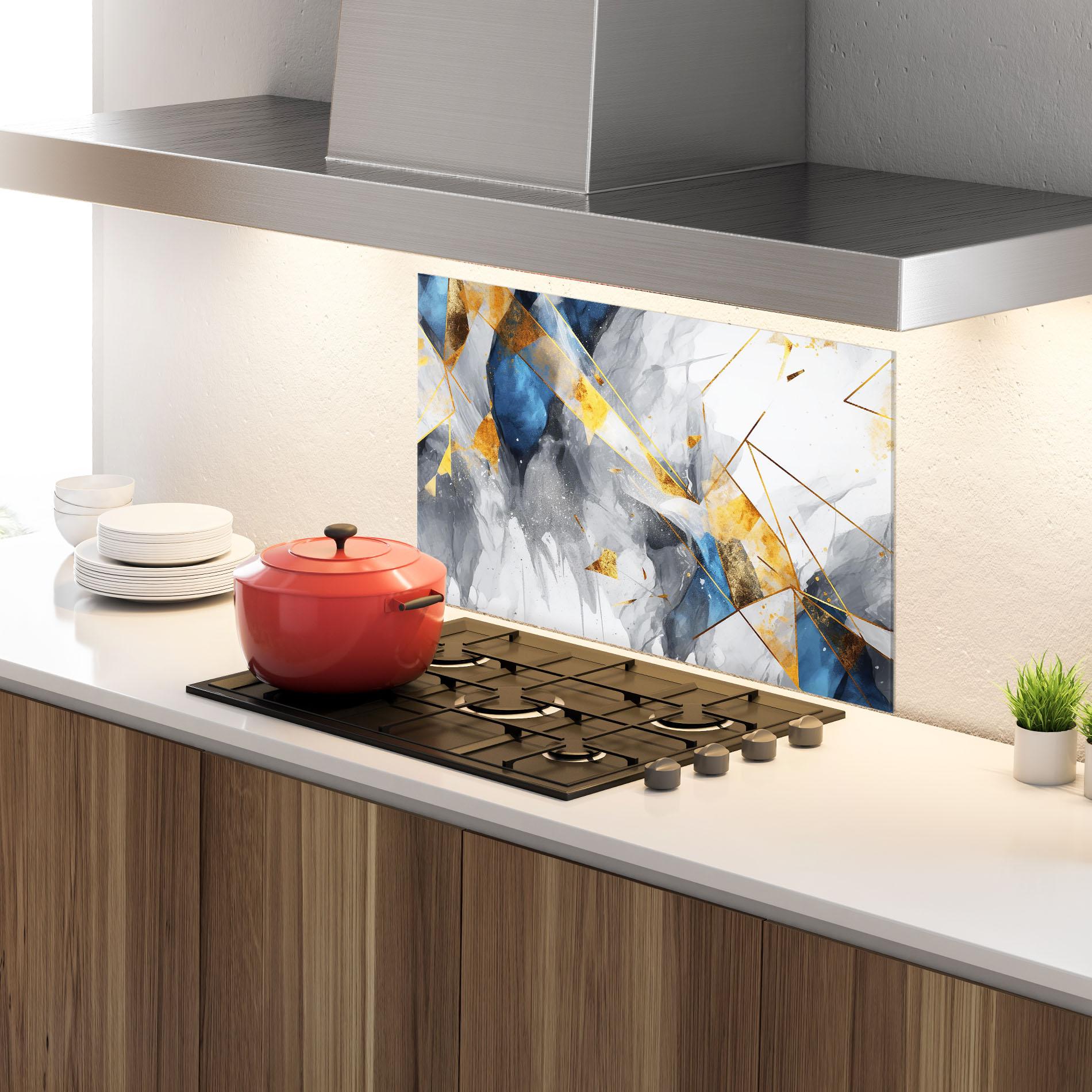 Küchenrückwand Glas Abstract Gold Blue Pattern mockup 4