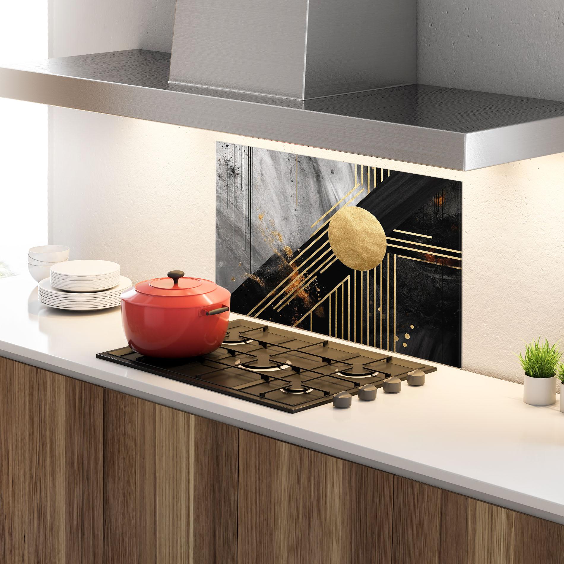 Küchenrückwand Glas Gold Circle With Lines mockup 4