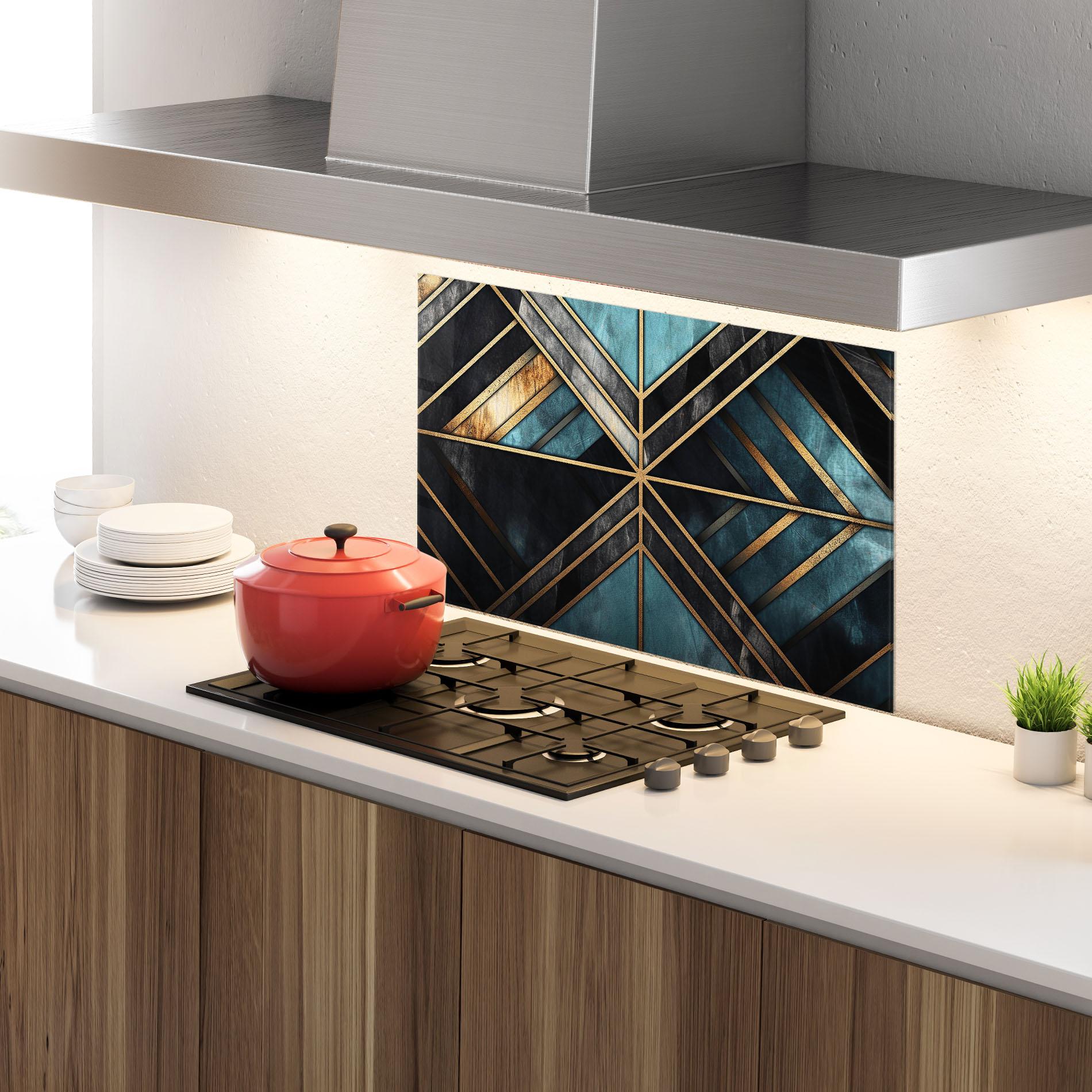 Küchenrückwand Glas Gold Lines On Blue Painting mockup 4