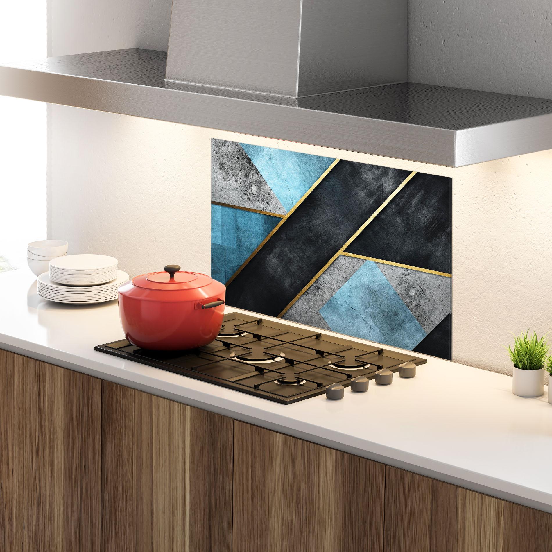 Küchenrückwand Glas Grey With Blue Painting mockup 4