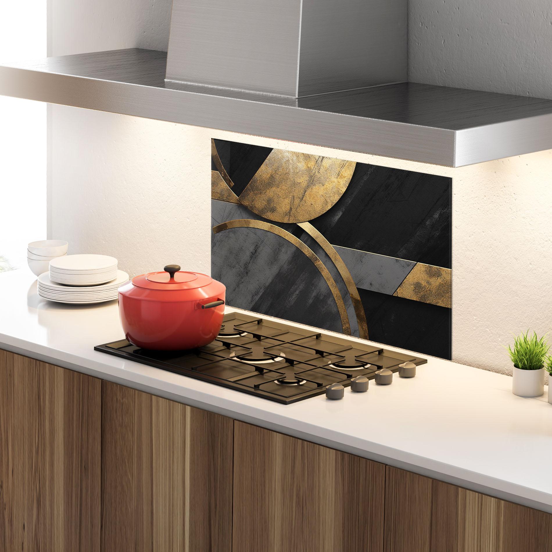 Küchenrückwand Glas Grey With Gold Painting mockup 4