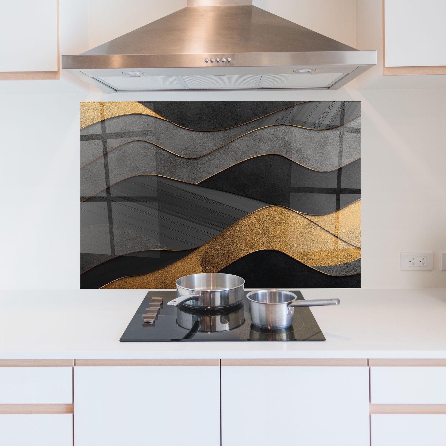 Küchenrückwand Glas Abstract Gold And Grey Waves mockup 5