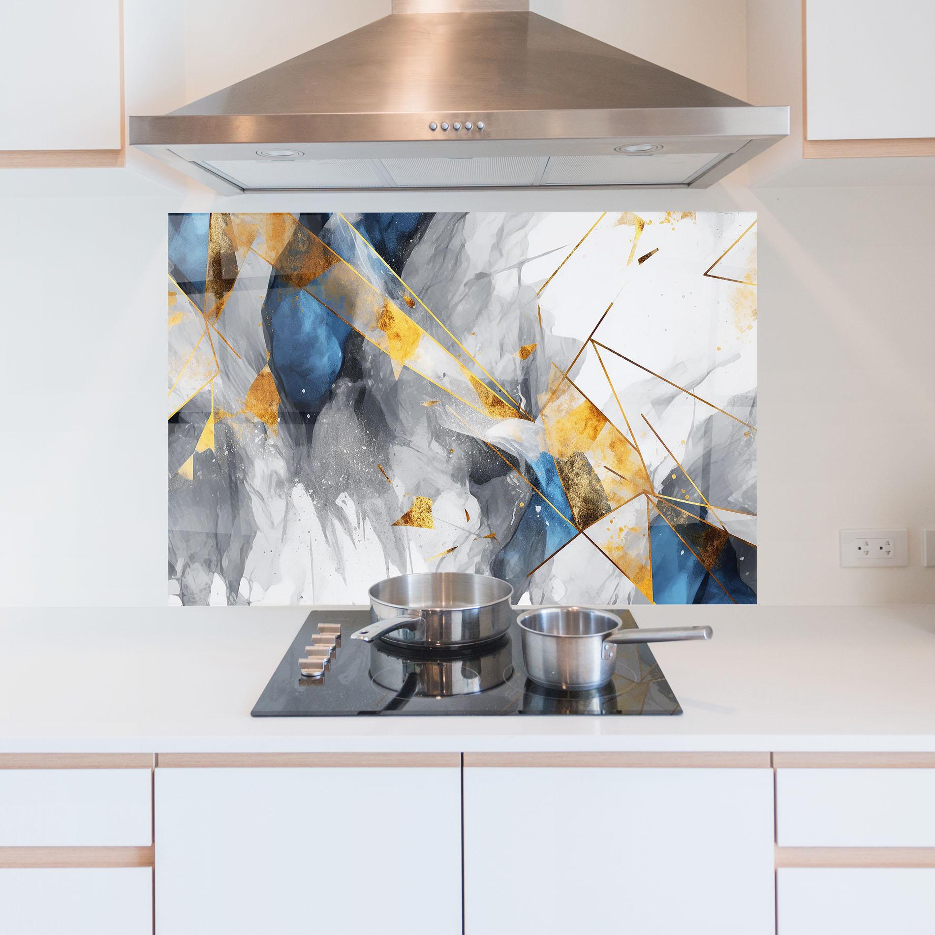 Küchenrückwand Glas Abstract Gold Blue Pattern mockup 5