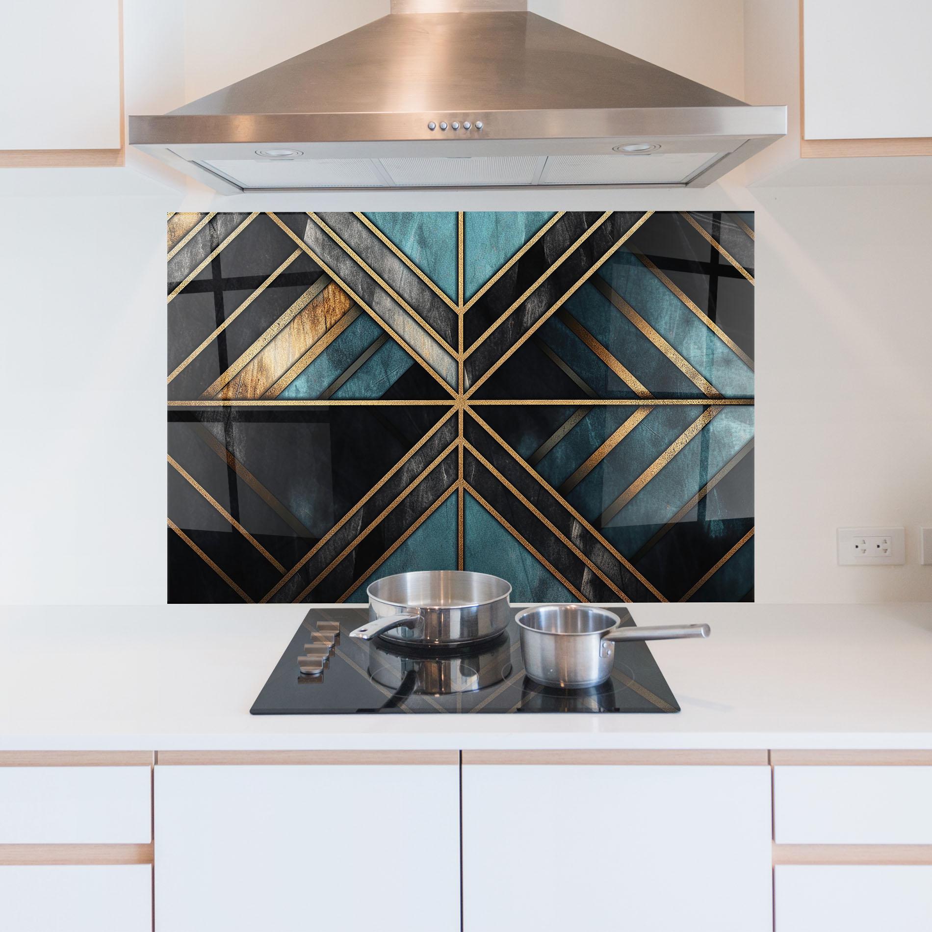 Küchenrückwand Glas Gold Lines On Blue Painting mockup 5