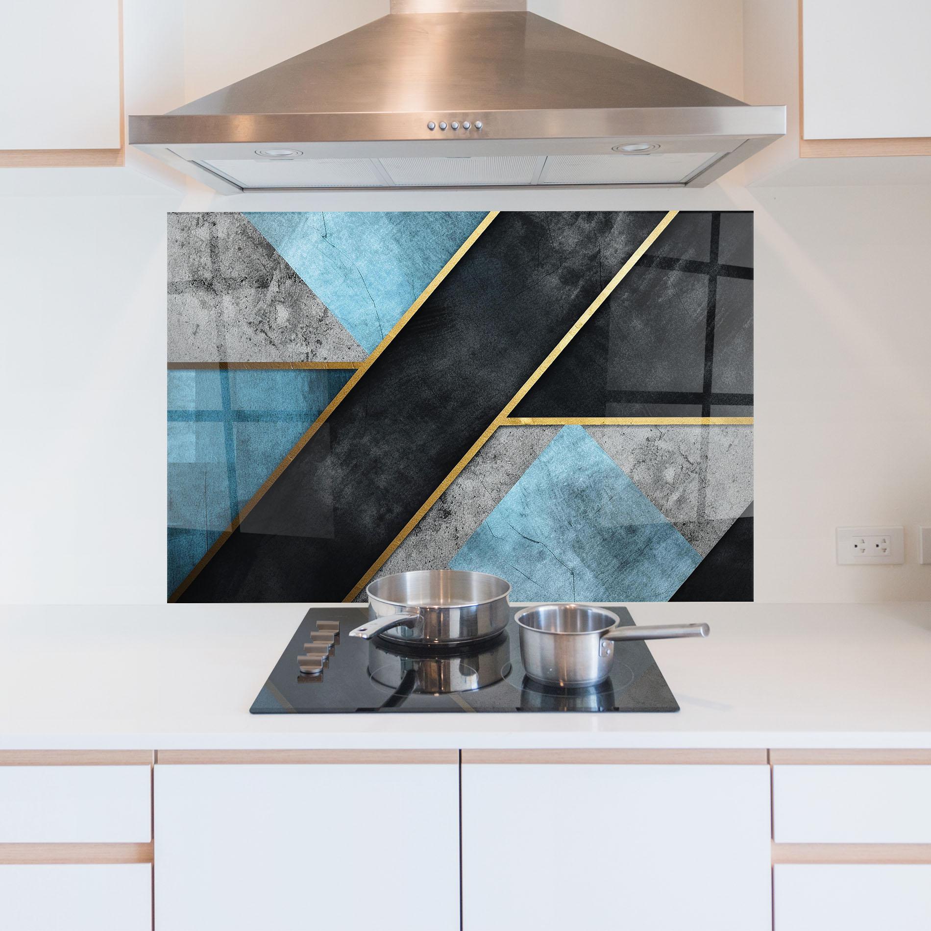 Küchenrückwand Glas Grey With Blue Painting mockup 5